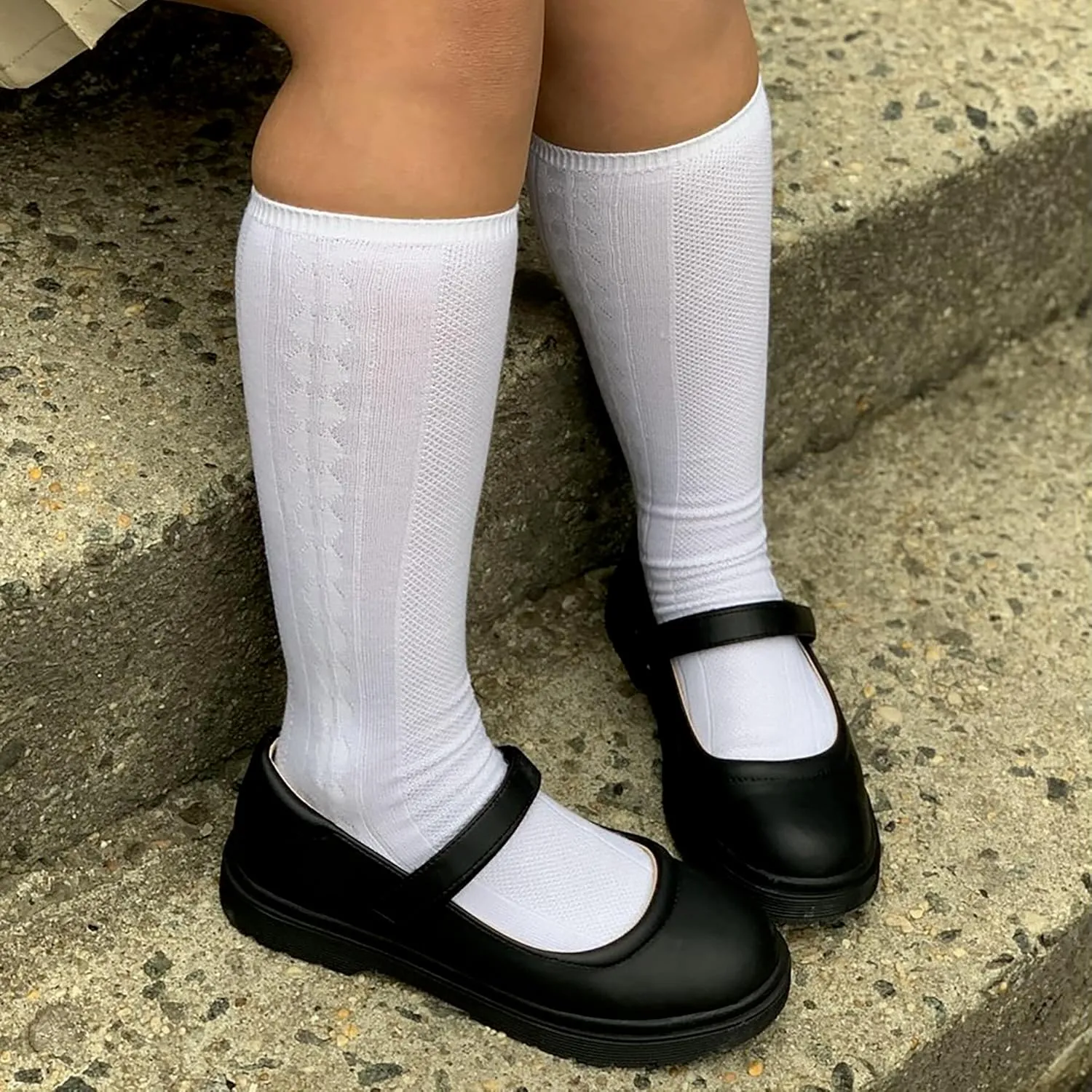 Girls 6 Pair Pack Unisex Soft Uniform Cable Dress Knee High Socks Comfort Seam Toe White or Navy Sizes Small to Large