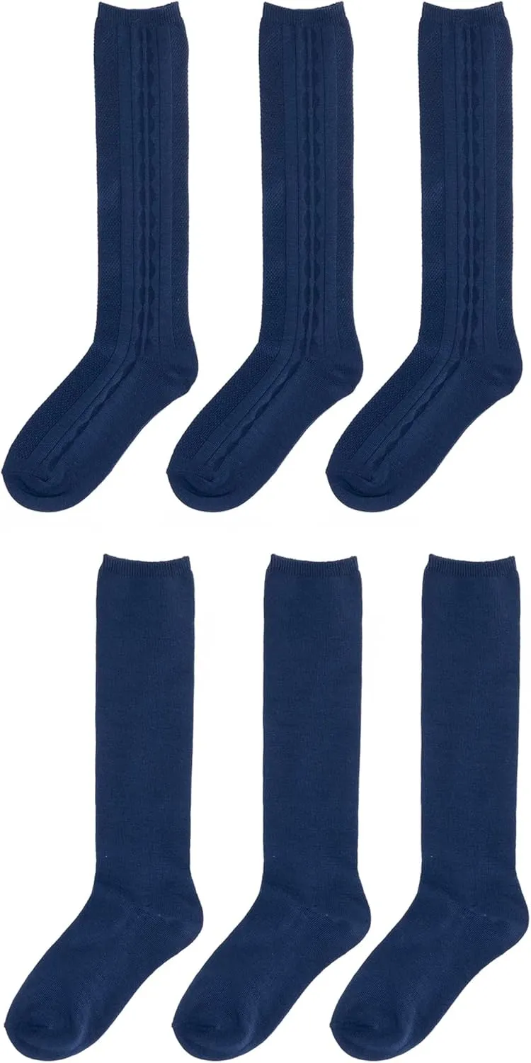 Girls 6 Pair Pack Unisex Soft Uniform Cable Dress Knee High Socks Comfort Seam Toe White or Navy Sizes Small to Large