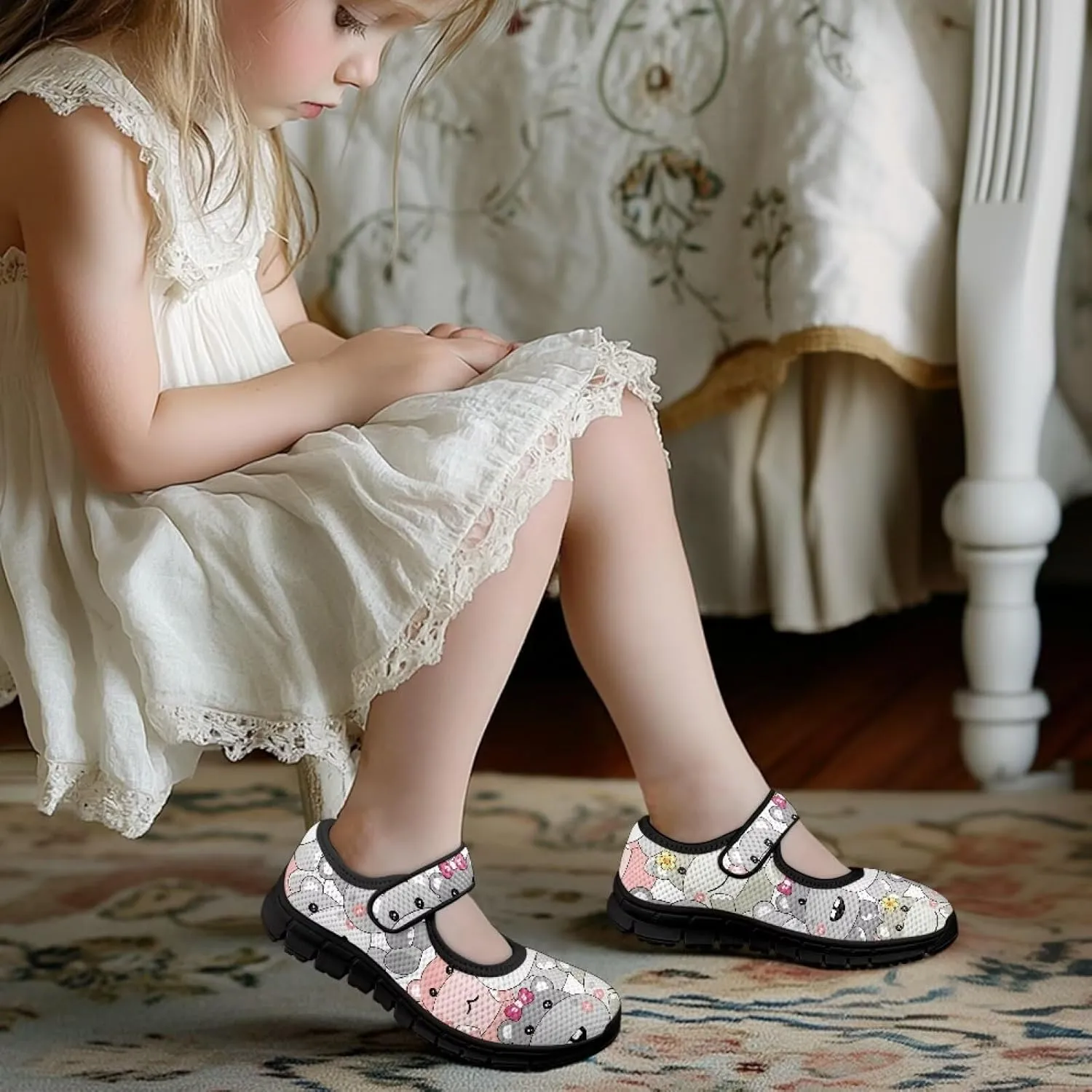 Girls Shoes with Black Sole,Girls Mesh Single Buckle Sneaker,Mary Jane Flats Shoes for Birthday Dance Party
