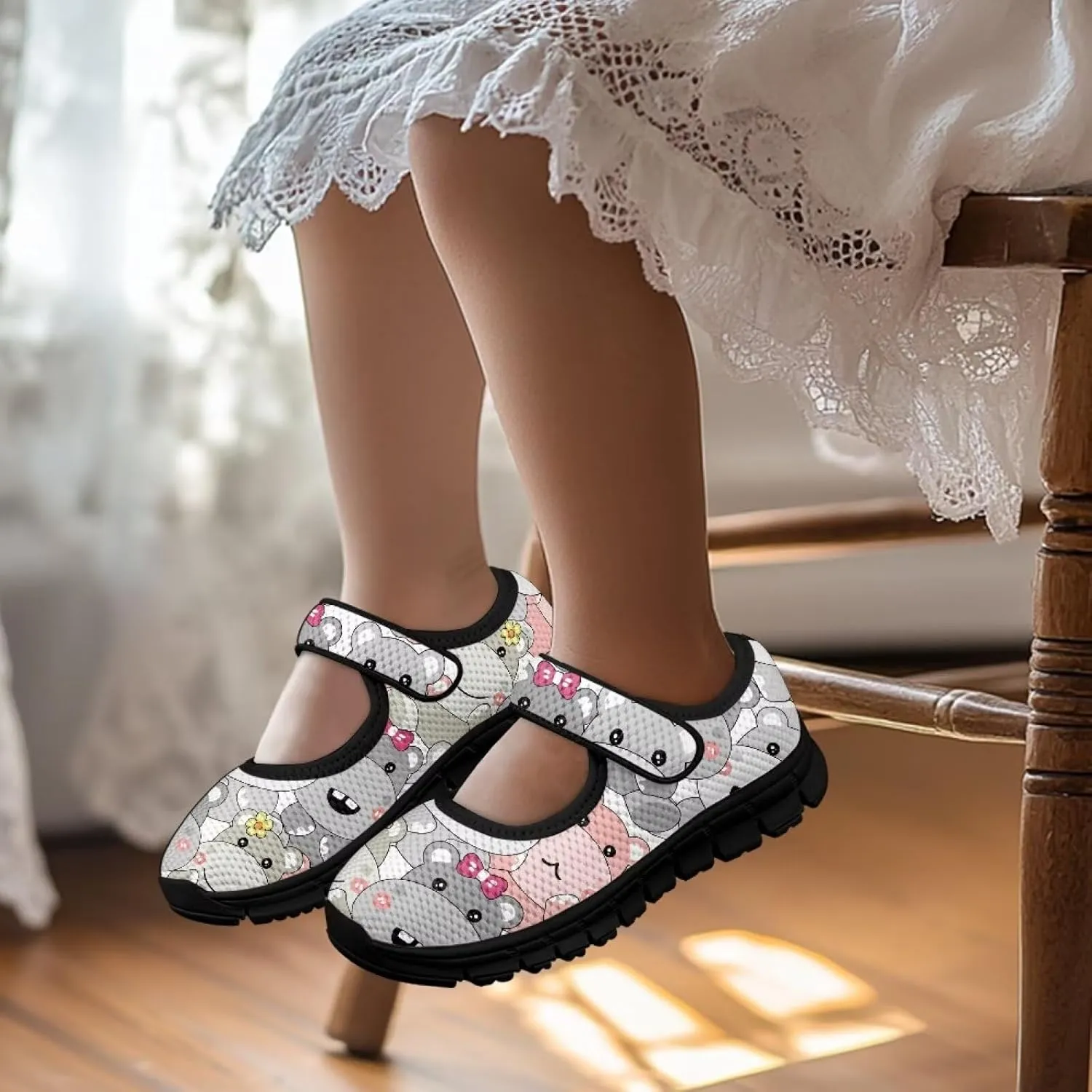 Girls Shoes with Black Sole,Girls Mesh Single Buckle Sneaker,Mary Jane Flats Shoes for Birthday Dance Party
