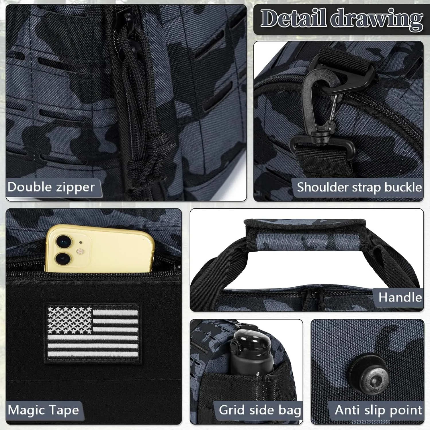 GMAK Military Tactical Duffle Bag for Men, 40L Sports Gym Bag with Shoe Compartment, Carry on Bag Travel Duffle Bag for Weekender Overnight Gym Workout Training Basketball Football, Black Camo