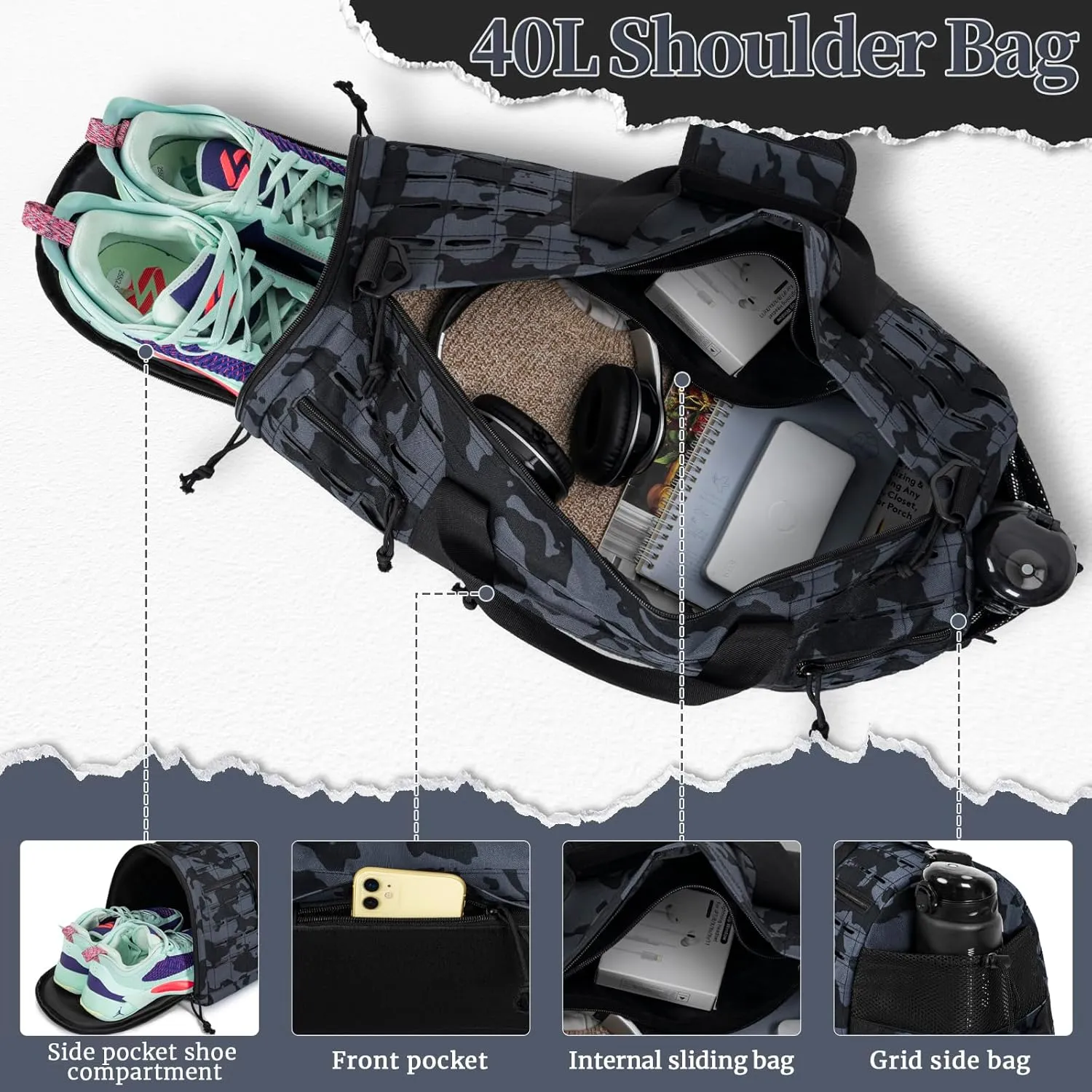 GMAK Military Tactical Duffle Bag for Men, 40L Sports Gym Bag with Shoe Compartment, Carry on Bag Travel Duffle Bag for Weekender Overnight Gym Workout Training Basketball Football, Black Camo