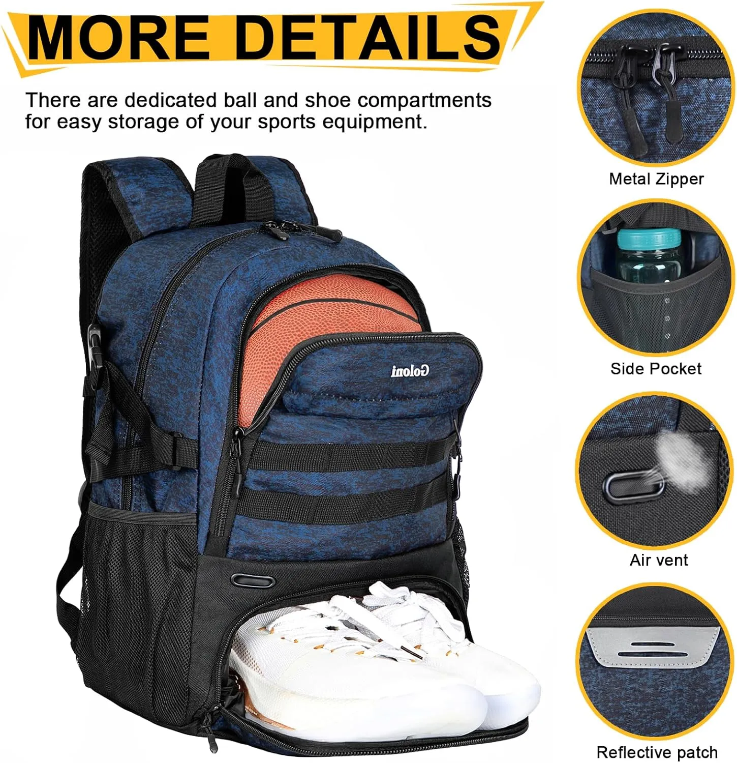 Goloni Basketball Backpack,Large Basketball Bag with Ball Compartment & Shoe Compartment,Sports Bag Fit Volleyball, soccer