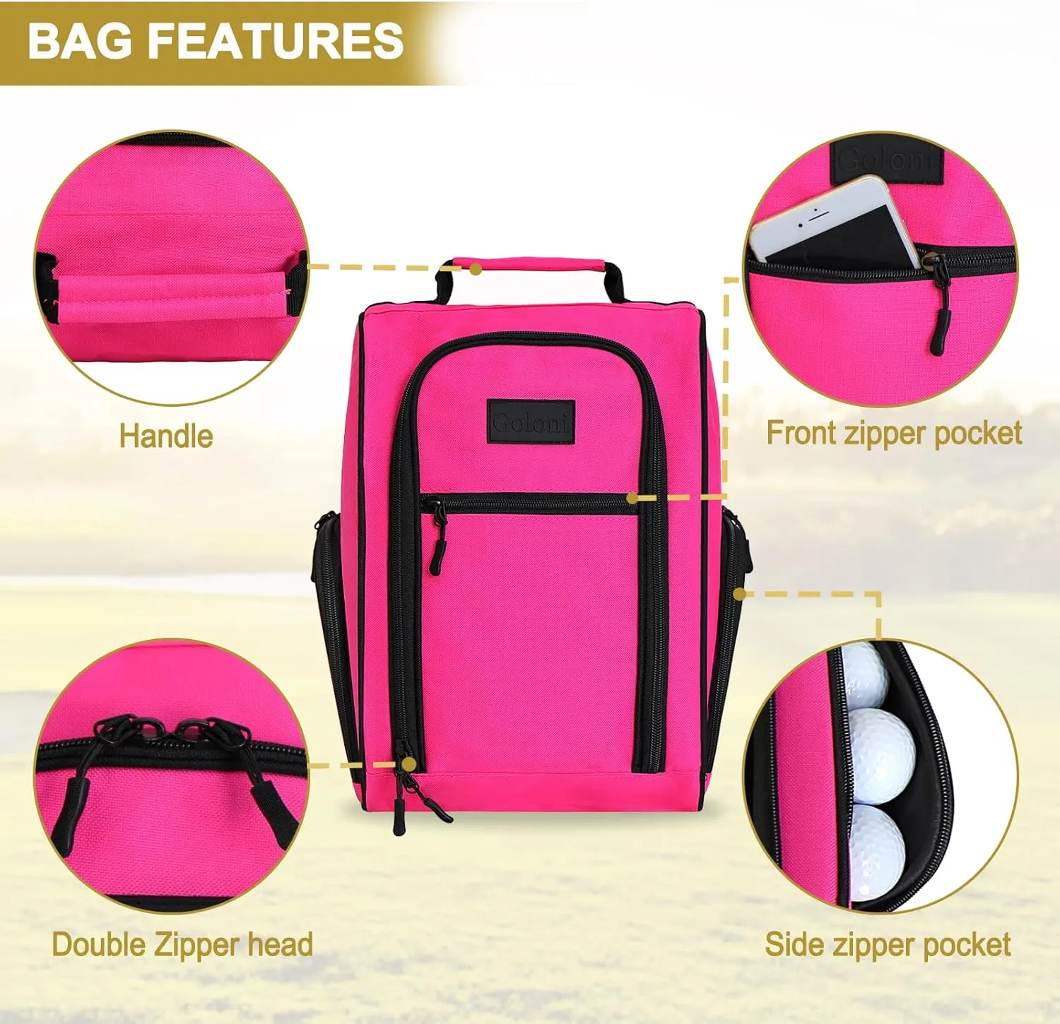 Goloni Golf Shoe Bag for Men & Women, Padded Travel Shoe Bag with Side Accessory Pockets,Sport Shoe Carrier for Golf Shoes,Socks,Tees & Balls,Durable & Lightweight Design (Pink)