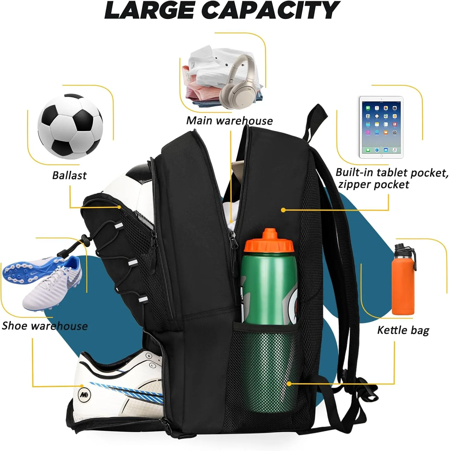 Goloni Soccer Bag, Basketball Bag with Ball Compartment & Shoe Compartment,Large Soccer Backpack for Basketball,Gym，Football
