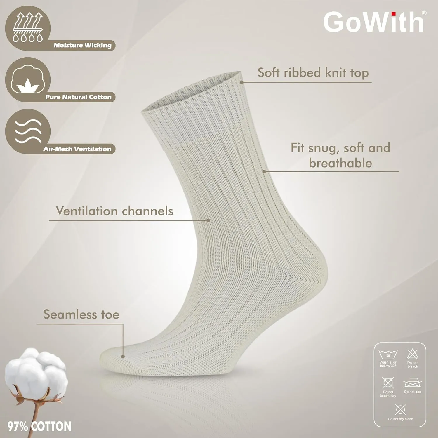 GoWith 4-5 Pairs Unisex Natural 97% Cotton Crew Socks, Comfy Cozy Breathable Seamless Casual Socks for Men & Women