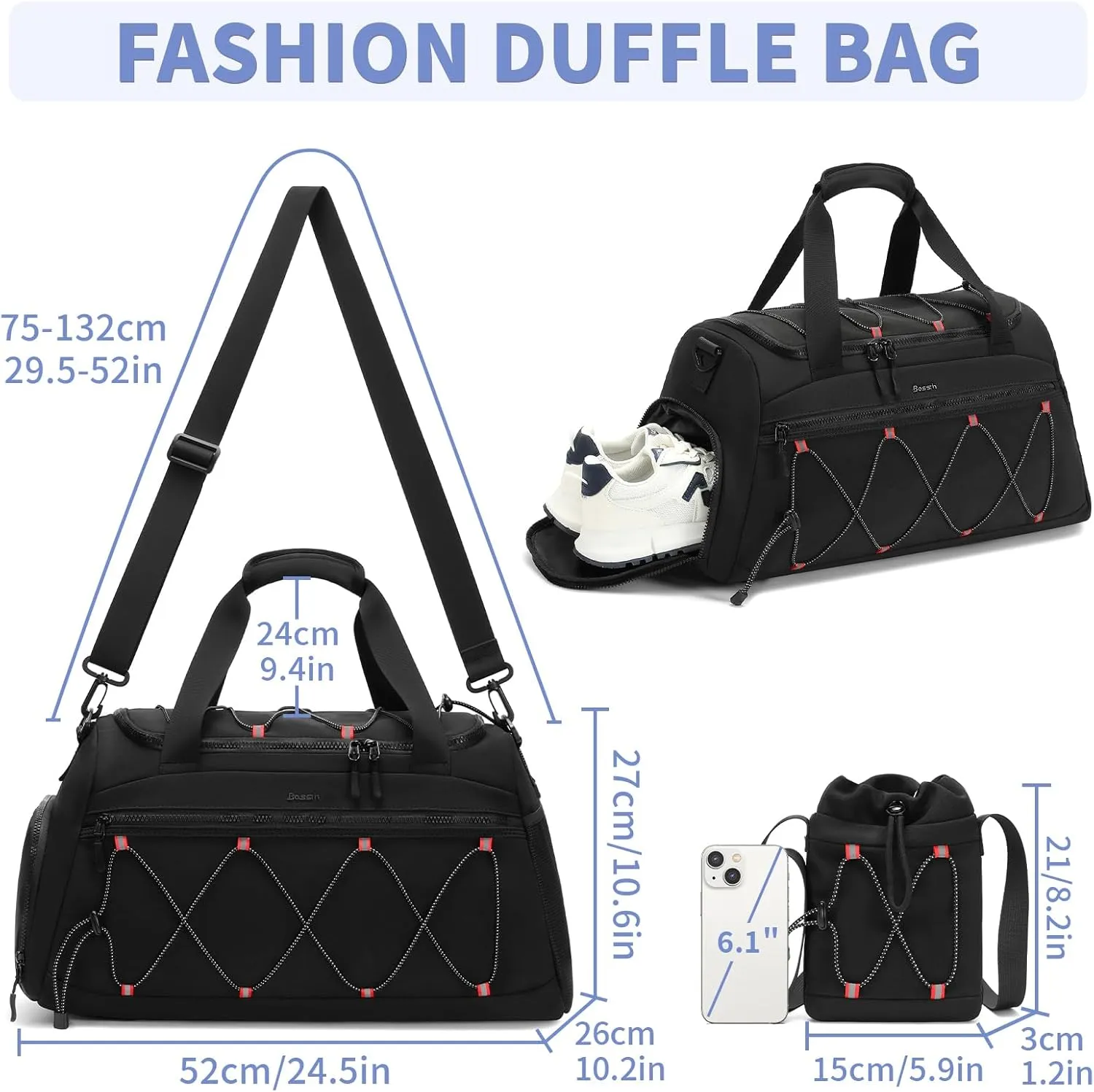 Gym Backpack for Women - 40L Duffel Bag with Shoe Compartment, Travel Weekender, Personal Item, Workout Tote Black