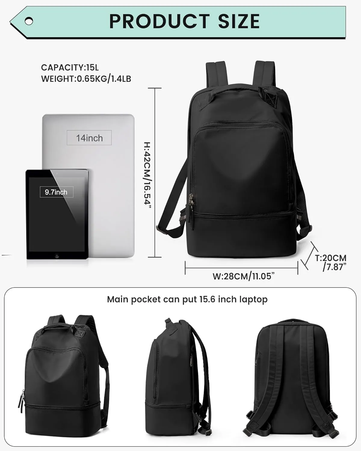 Gym Backpack for Women, Gym Bag with Shoe Compartment, Waterproof Lightweight Sports Yoga Travel Backpack with Wet Pocket, Black
