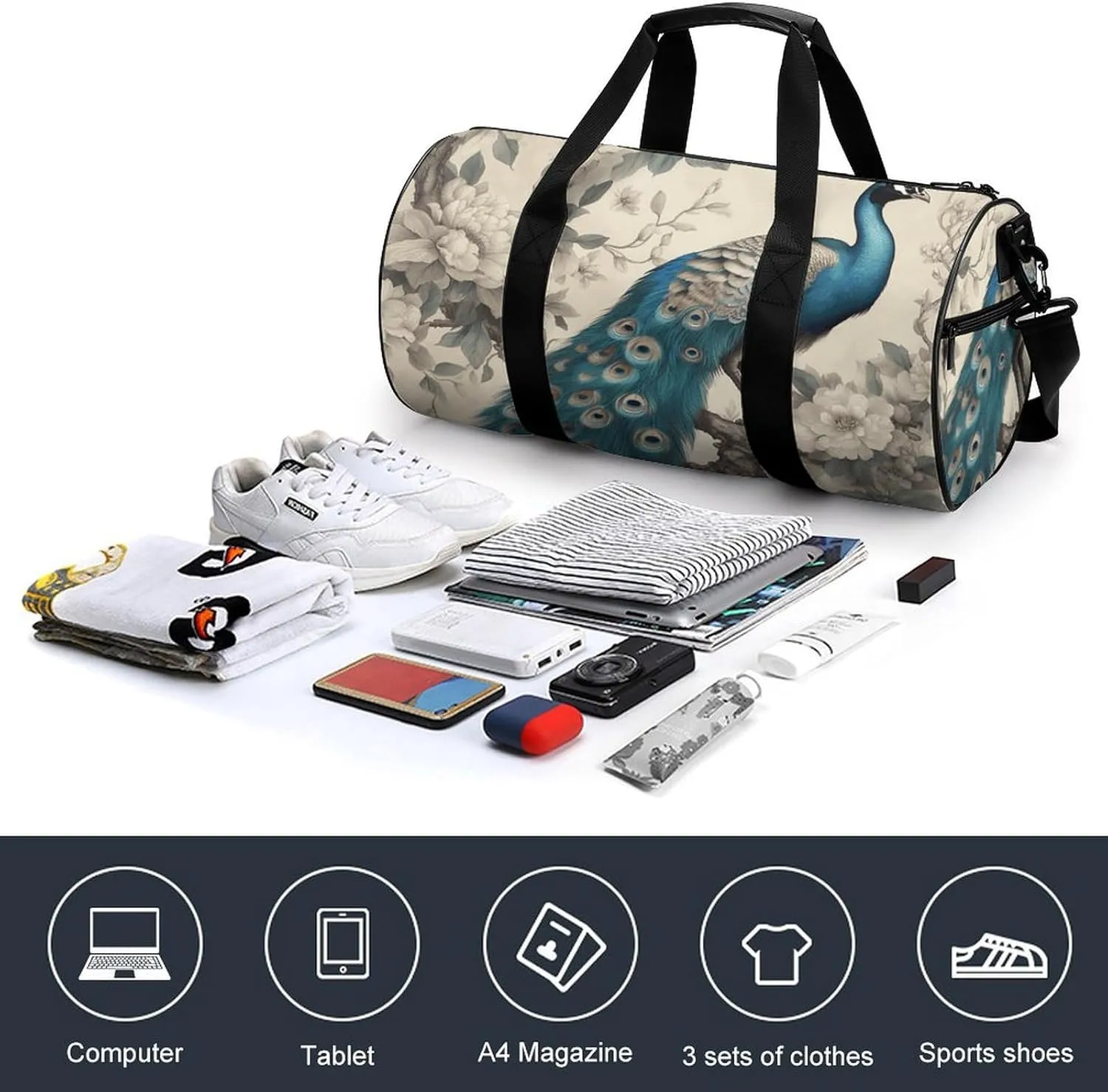 Gym Bag A Blue Peacock Duffel Bag for Men Women Overnight Bag with Shoe Compartment Workout Bags