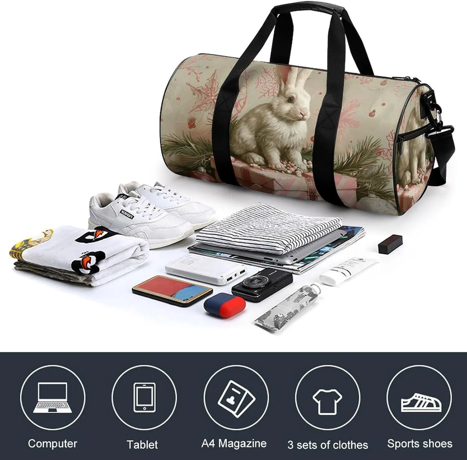 Gym Bag A White Rabbit Duffel Bag for Men Women Overnight Bag with Shoe Compartment Workout Bags