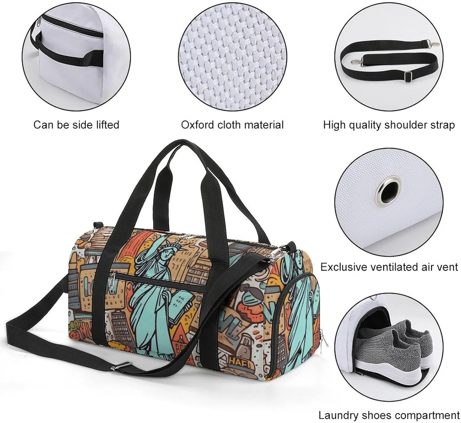 Gym Bag American Theme Art Duffel Bag for Men Women Overnight Bag with Shoe Compartment Workout Bags