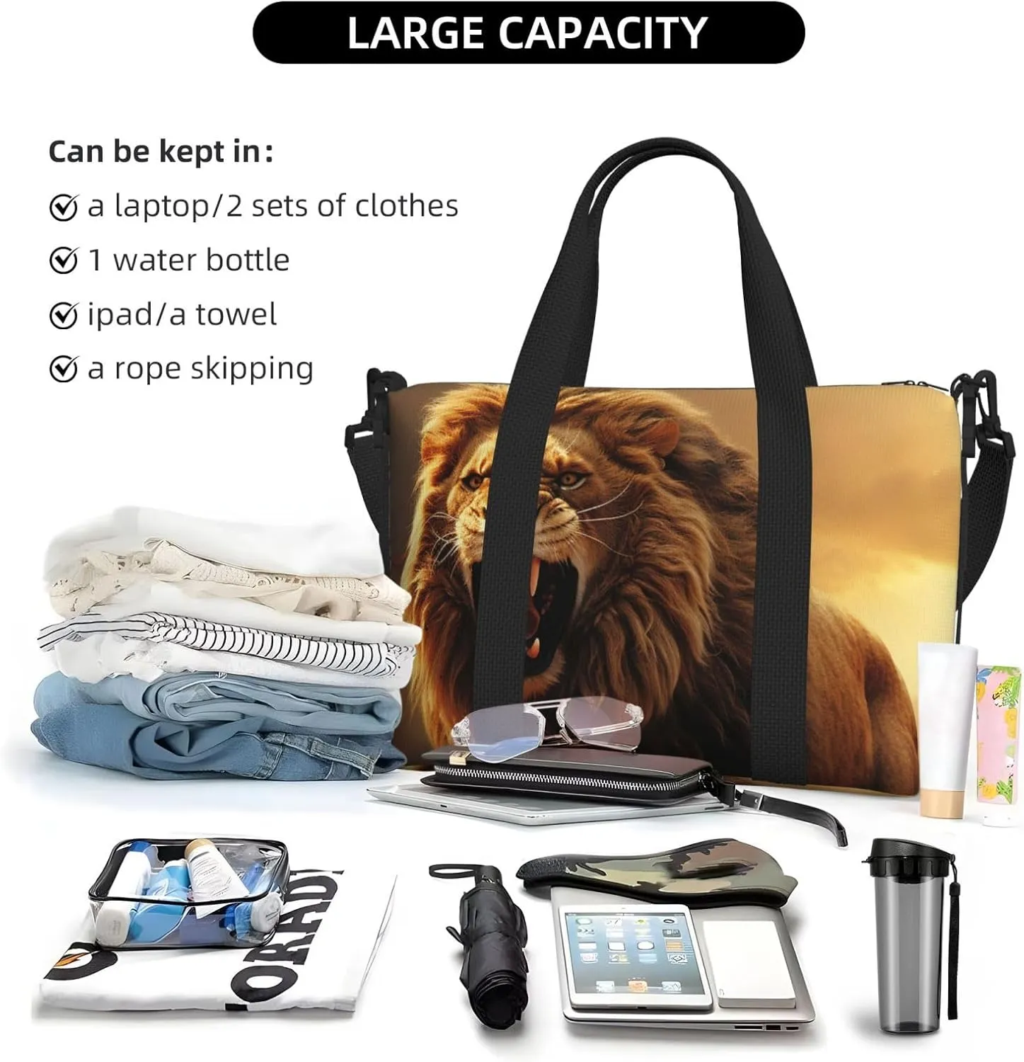 Gym Bag Angry Roaring Lion Duffel Bag for Men Women Travel Overnight Bag with Shoe Compartment Workout Bags