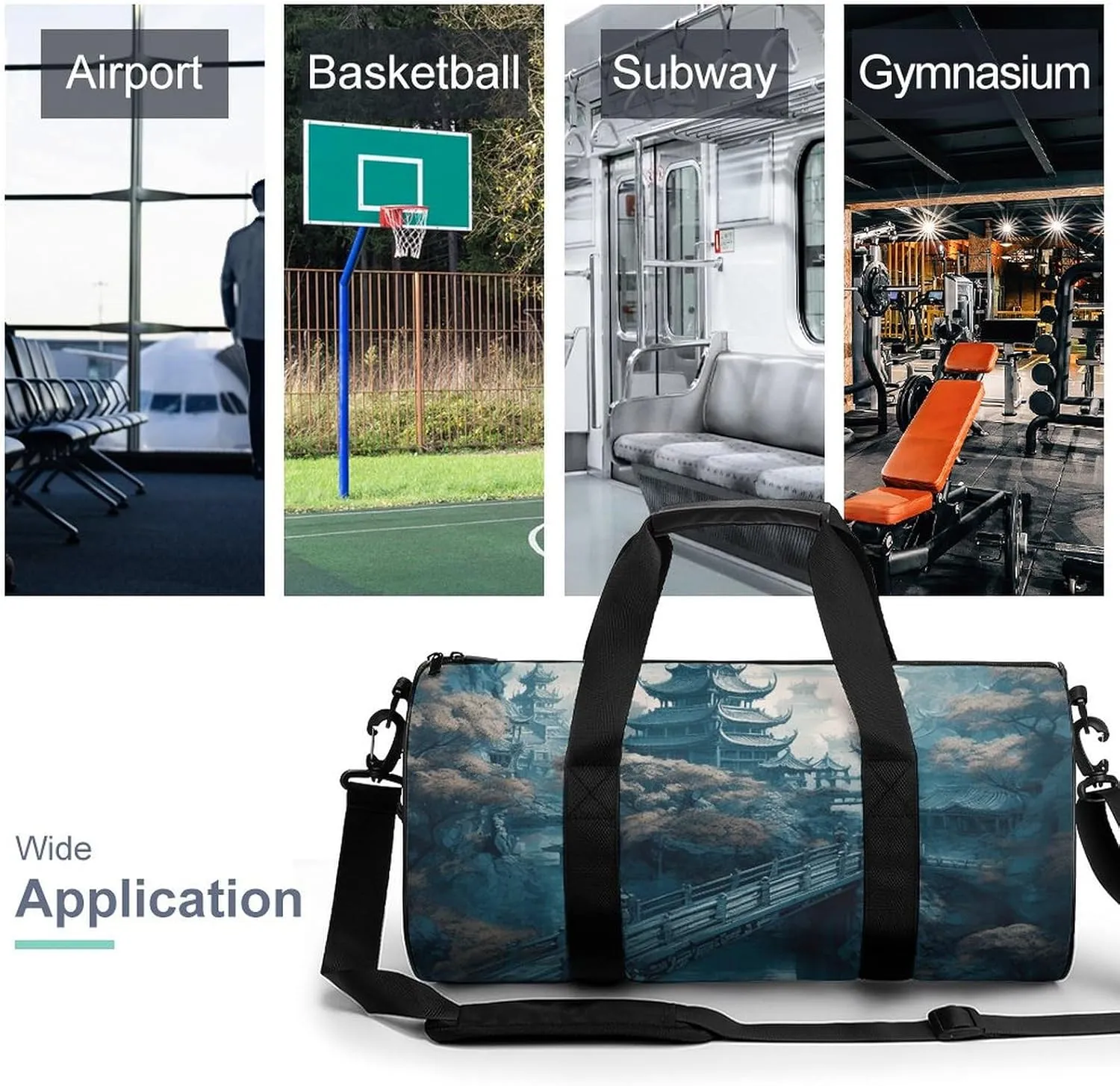 Gym Bag Asian Style Painting Duffel Bag for Men Women Overnight Bag with Shoe Compartment Workout Bags