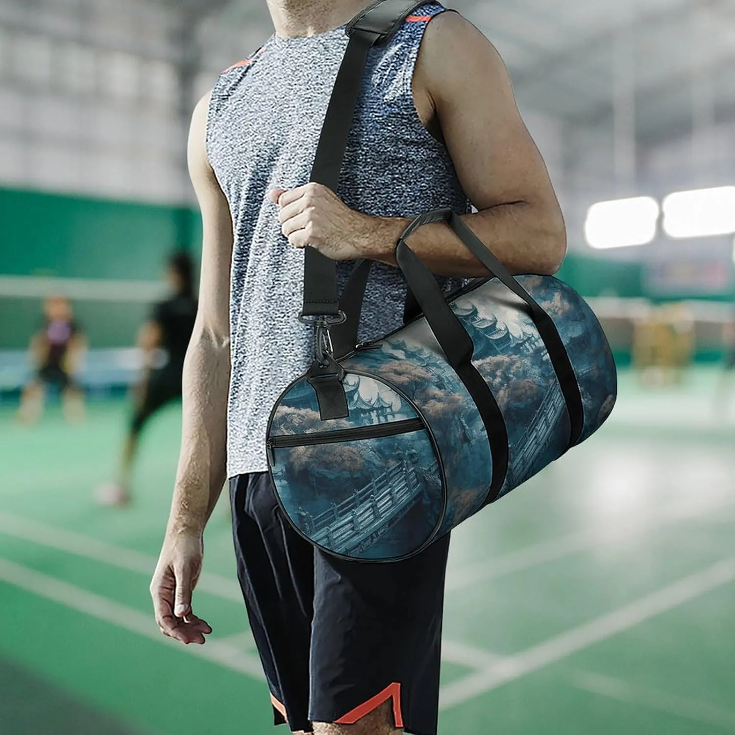 Gym Bag Asian Style Painting Duffel Bag for Men Women Overnight Bag with Shoe Compartment Workout Bags