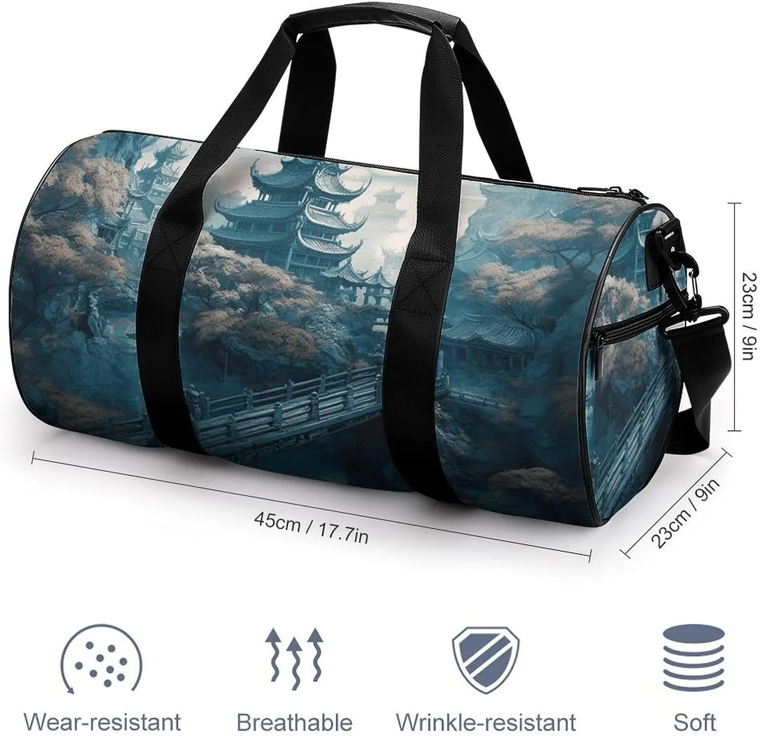 Gym Bag Asian Style Painting Duffel Bag for Men Women Overnight Bag with Shoe Compartment Workout Bags