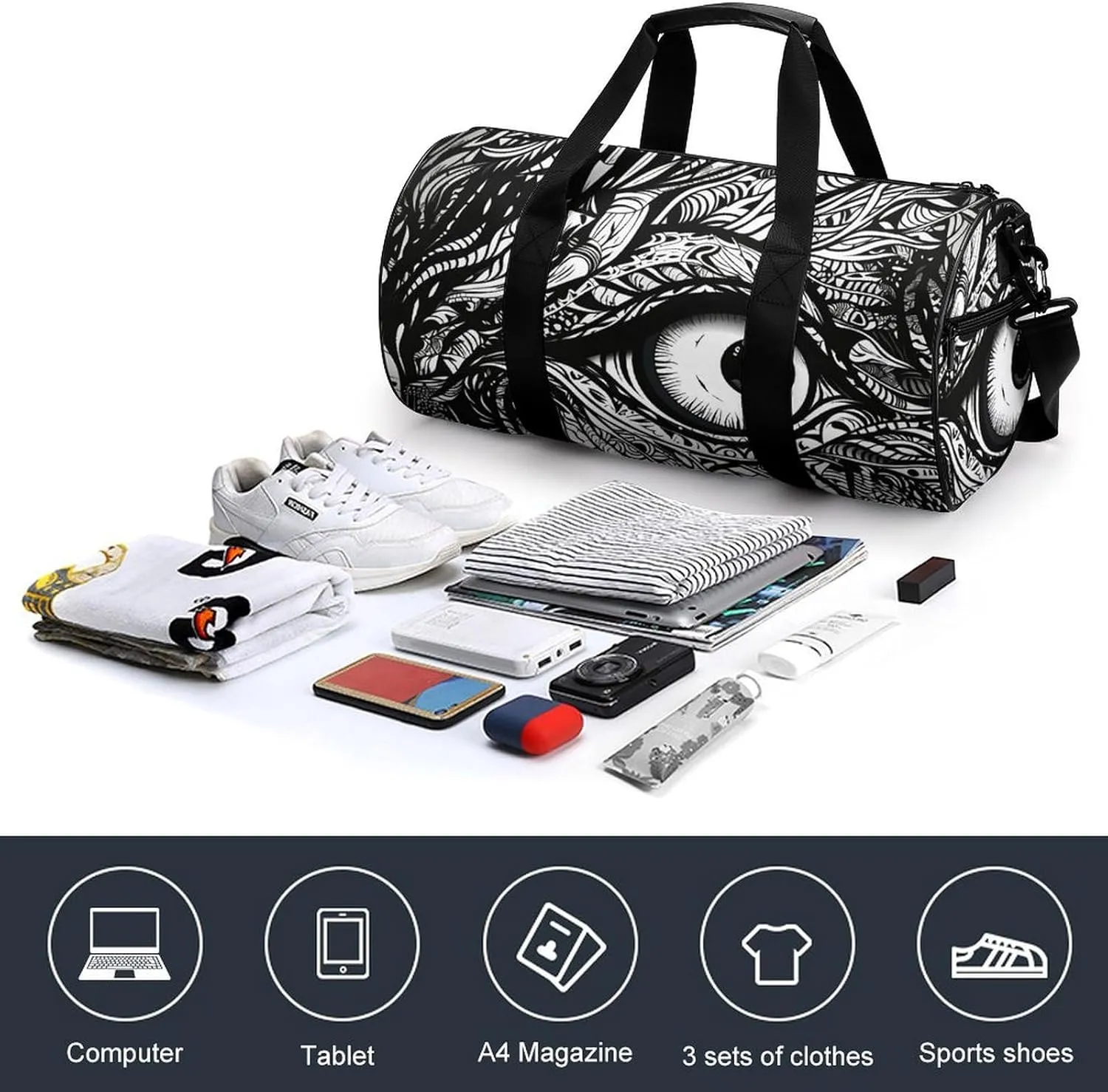Gym Bag Black And White Lines Duffel Bag for Men Women Overnight Bag with Shoe Compartment Workout Bags