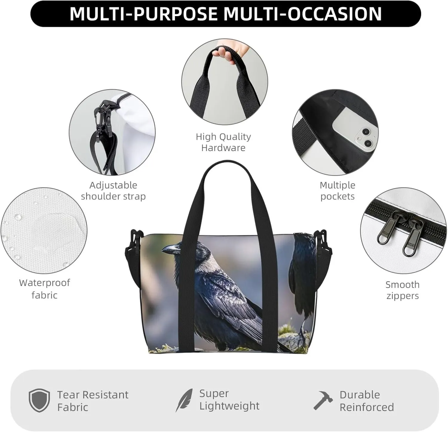 Gym Bag Black Crow Birds2 Duffel Bag for Men Women Travel Overnight Bag with Shoe Compartment Workout Bags