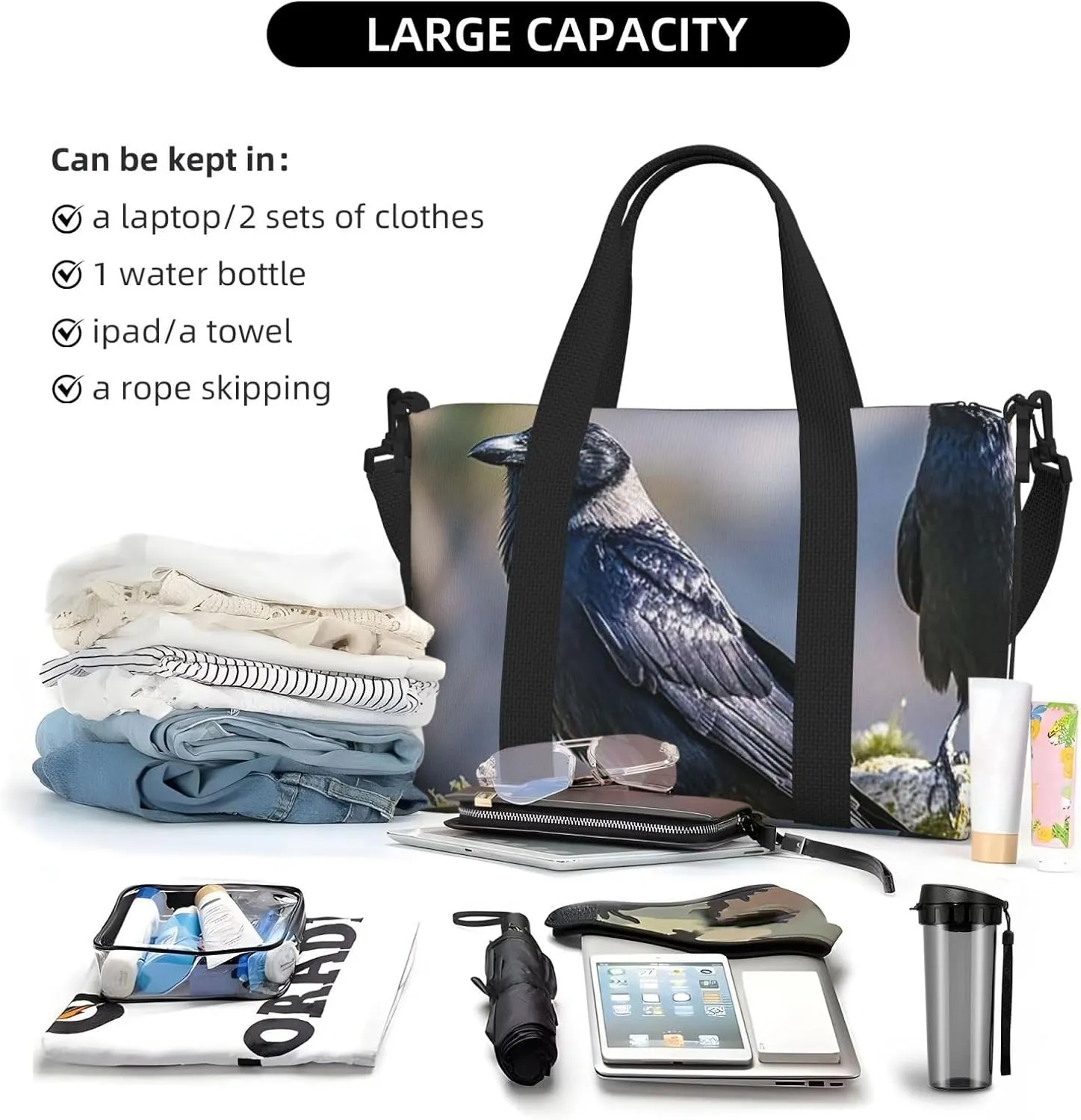 Gym Bag Black Crow Birds2 Duffel Bag for Men Women Travel Overnight Bag with Shoe Compartment Workout Bags
