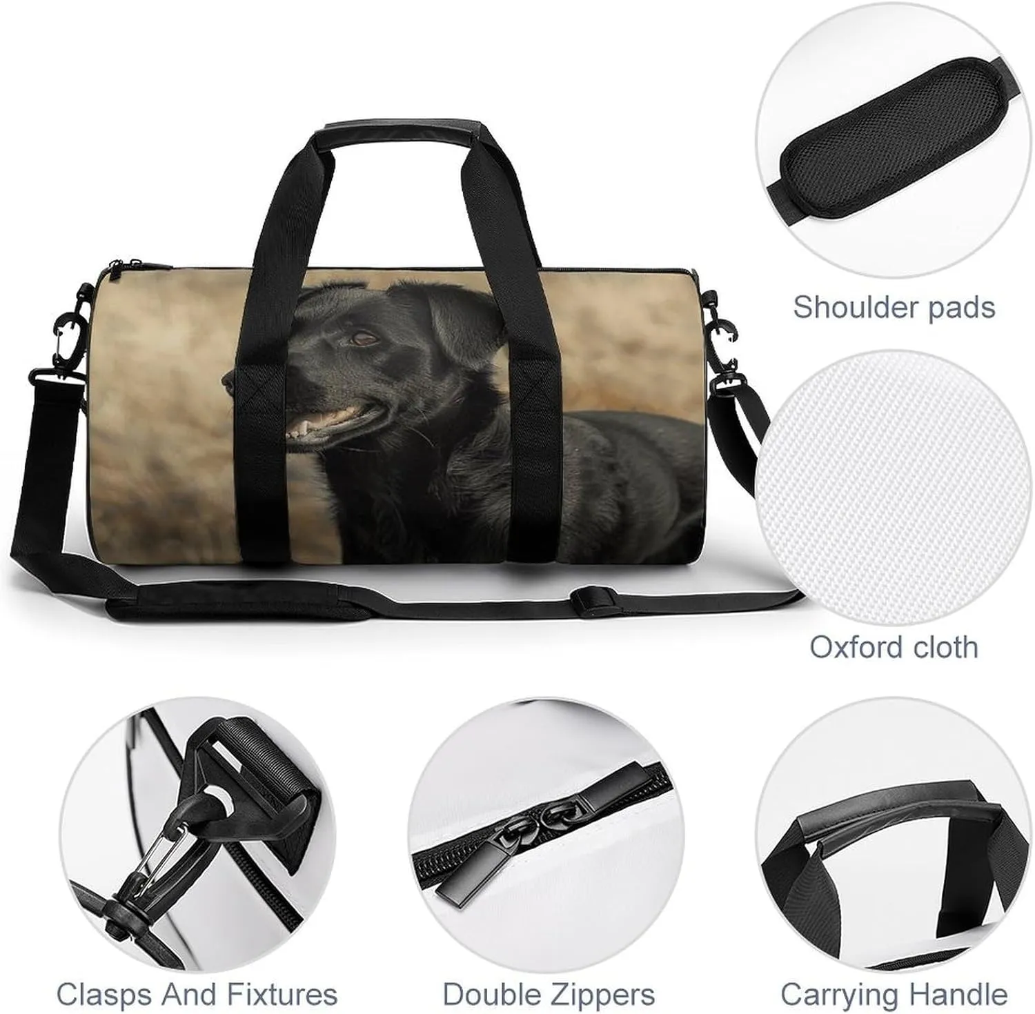 Gym Bag Black Dog in The Field Duffel Bag for Men Women Overnight Bag with Shoe Compartment Workout Bags
