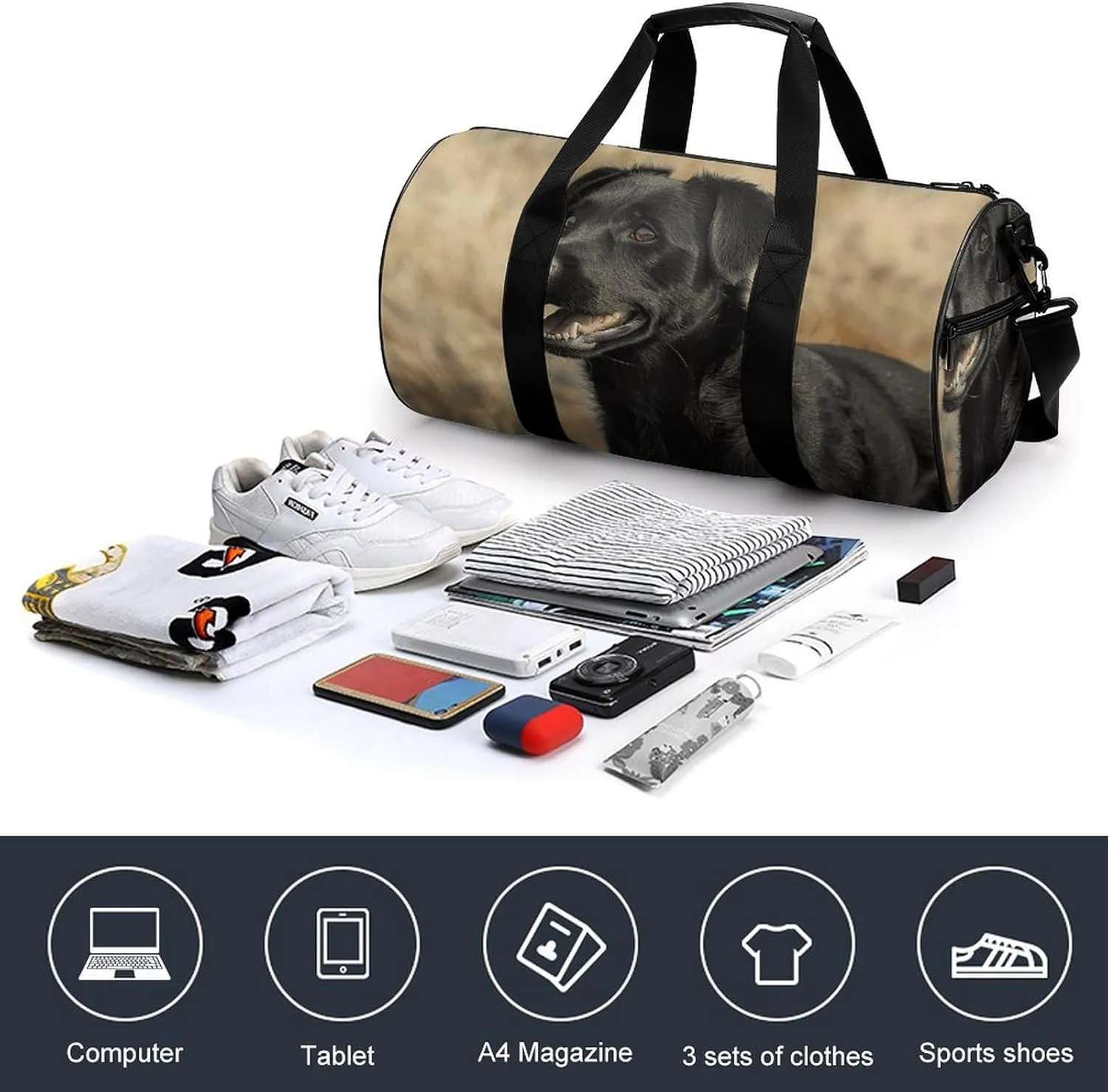 Gym Bag Black Dog in The Field Duffel Bag for Men Women Overnight Bag with Shoe Compartment Workout Bags