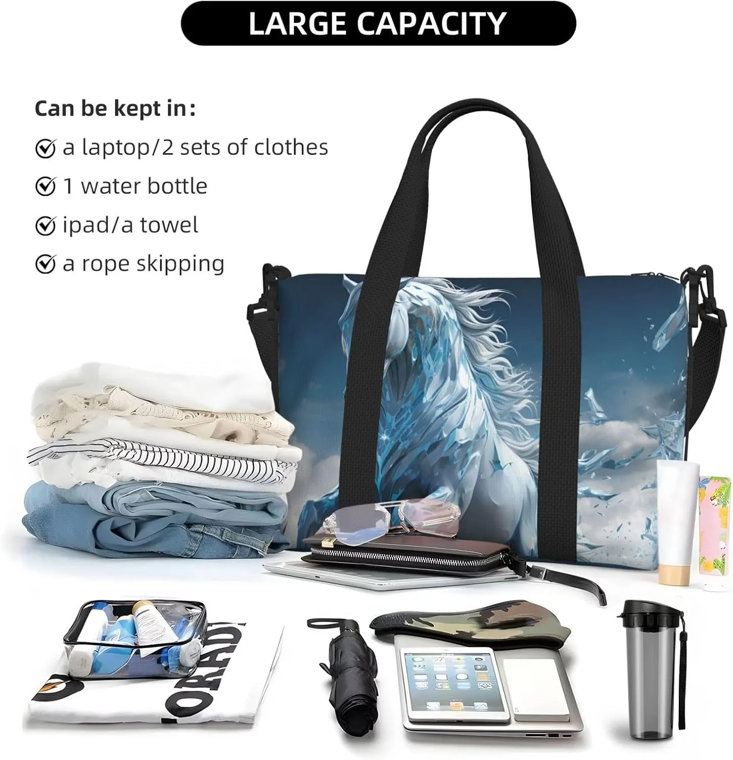 Gym Bag Blue Ice Horse Duffel Bag for Men Women Travel Overnight Bag with Shoe Compartment Workout Bags