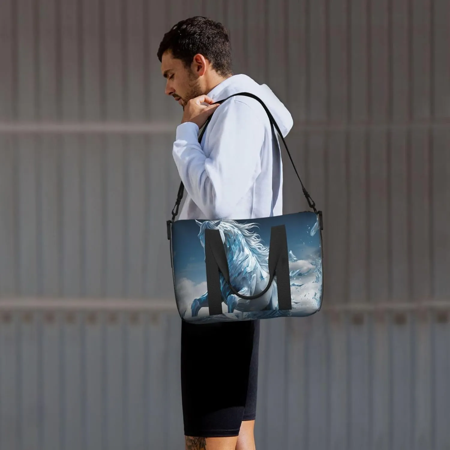 Gym Bag Blue Ice Horse Duffel Bag for Men Women Travel Overnight Bag with Shoe Compartment Workout Bags