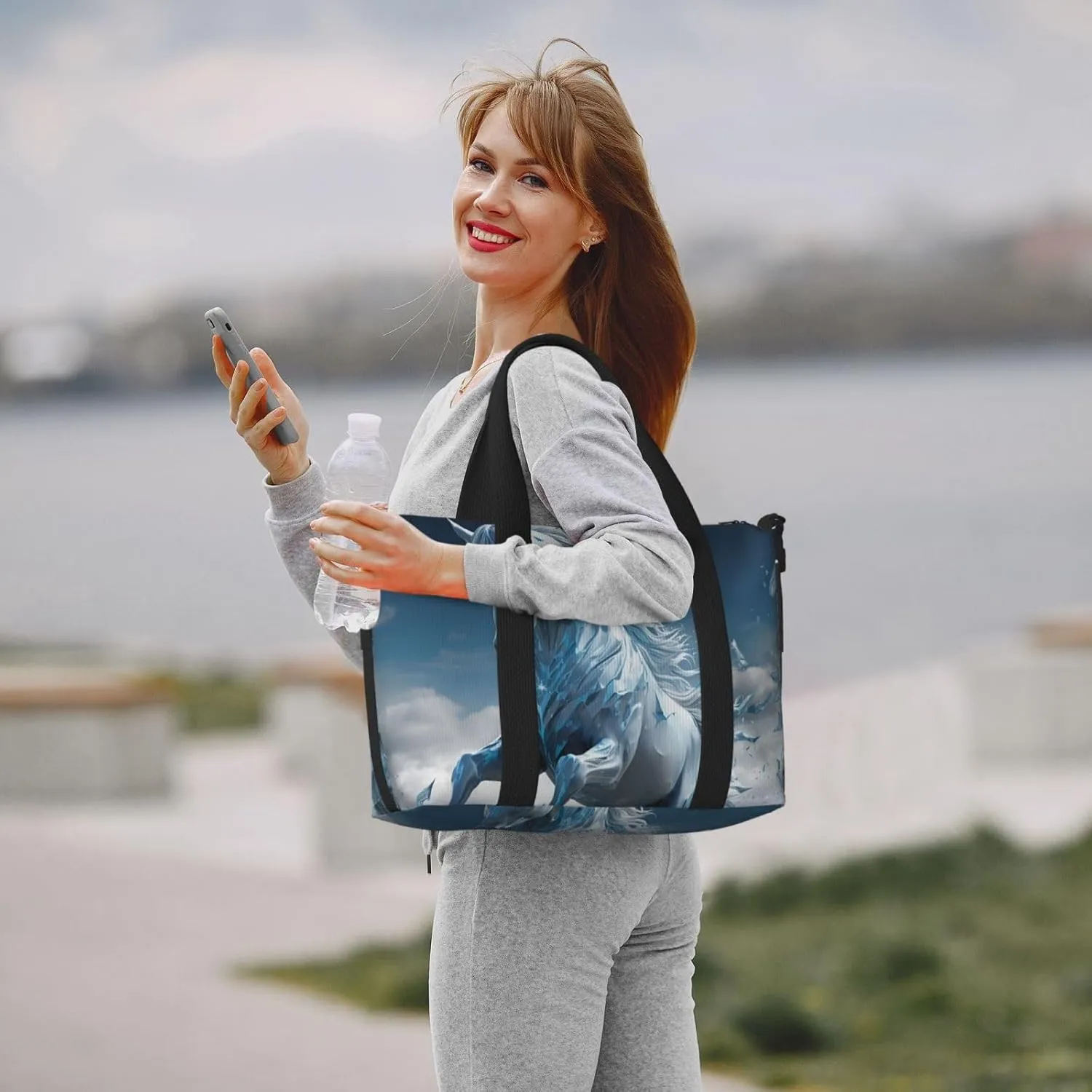 Gym Bag Blue Ice Horse Duffel Bag for Men Women Travel Overnight Bag with Shoe Compartment Workout Bags