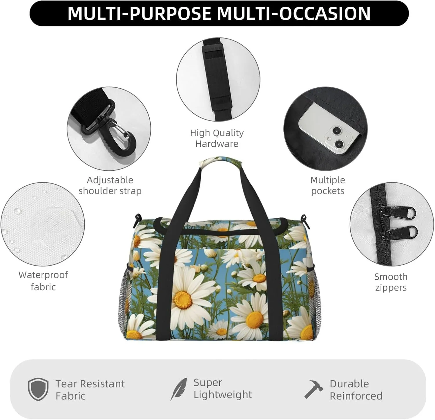 Gym Bag Camomile pattern Duffel Bag for Men Women Travel Overnight Bag with Shoe Compartment Workout Bags