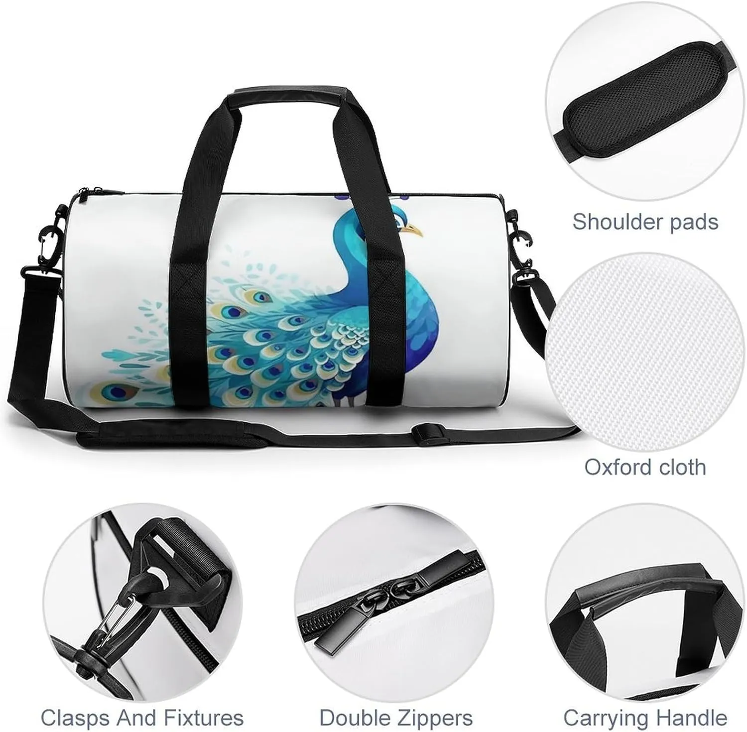 Gym Bag Cartoon Blue Peacock Duffel Bag for Men Women Overnight Bag with Shoe Compartment Workout Bags