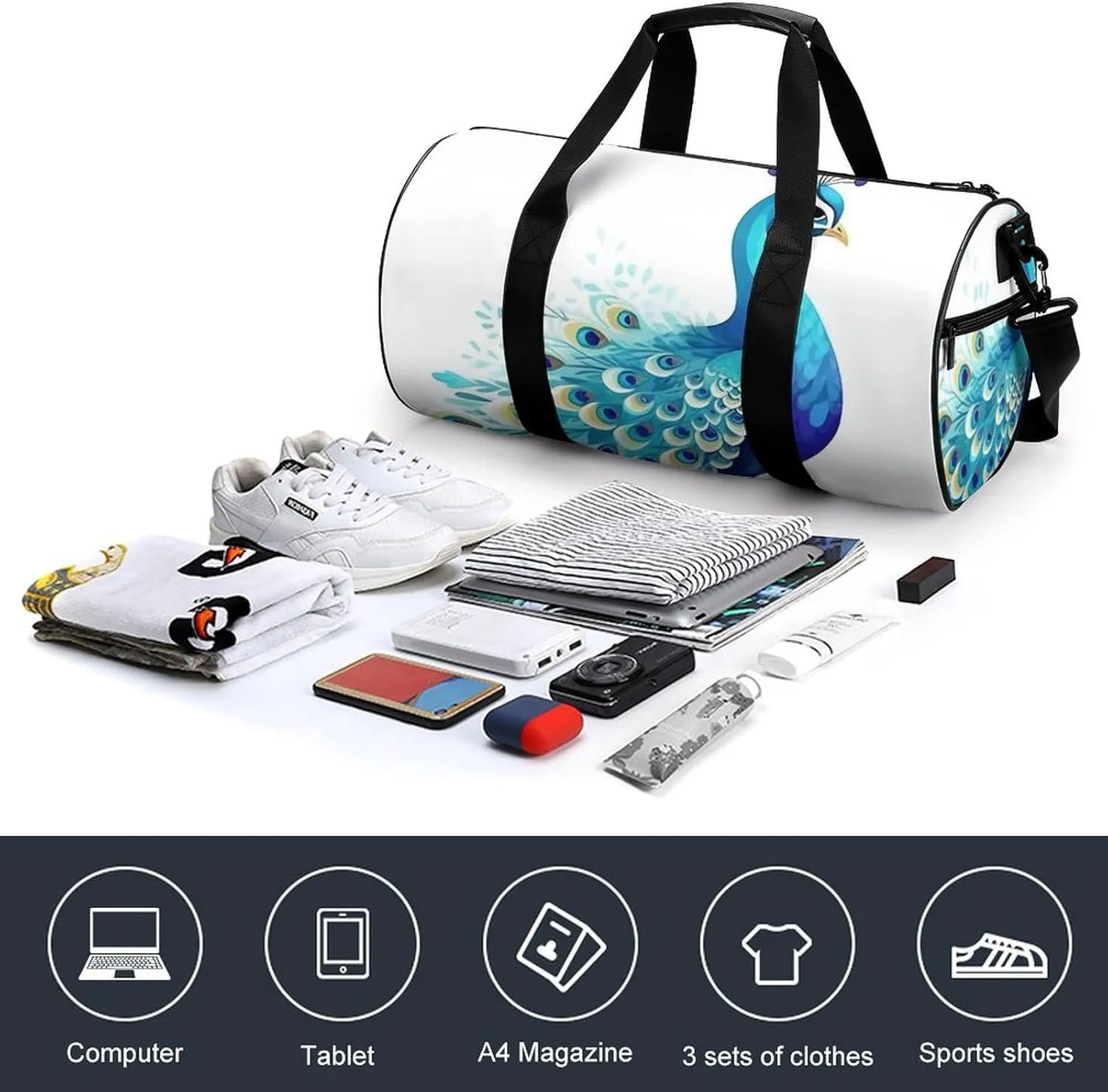Gym Bag Cartoon Blue Peacock Duffel Bag for Men Women Overnight Bag with Shoe Compartment Workout Bags