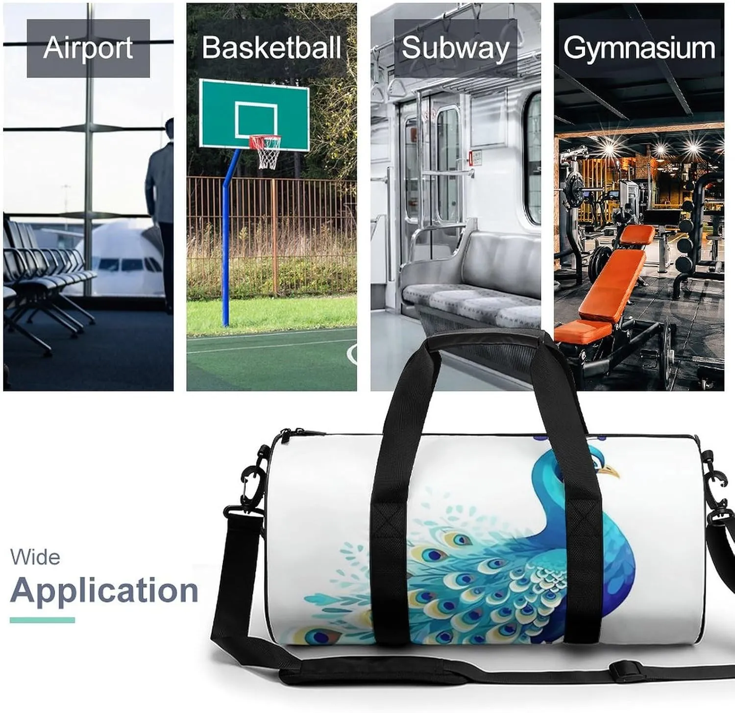 Gym Bag Cartoon Blue Peacock Duffel Bag for Men Women Overnight Bag with Shoe Compartment Workout Bags
