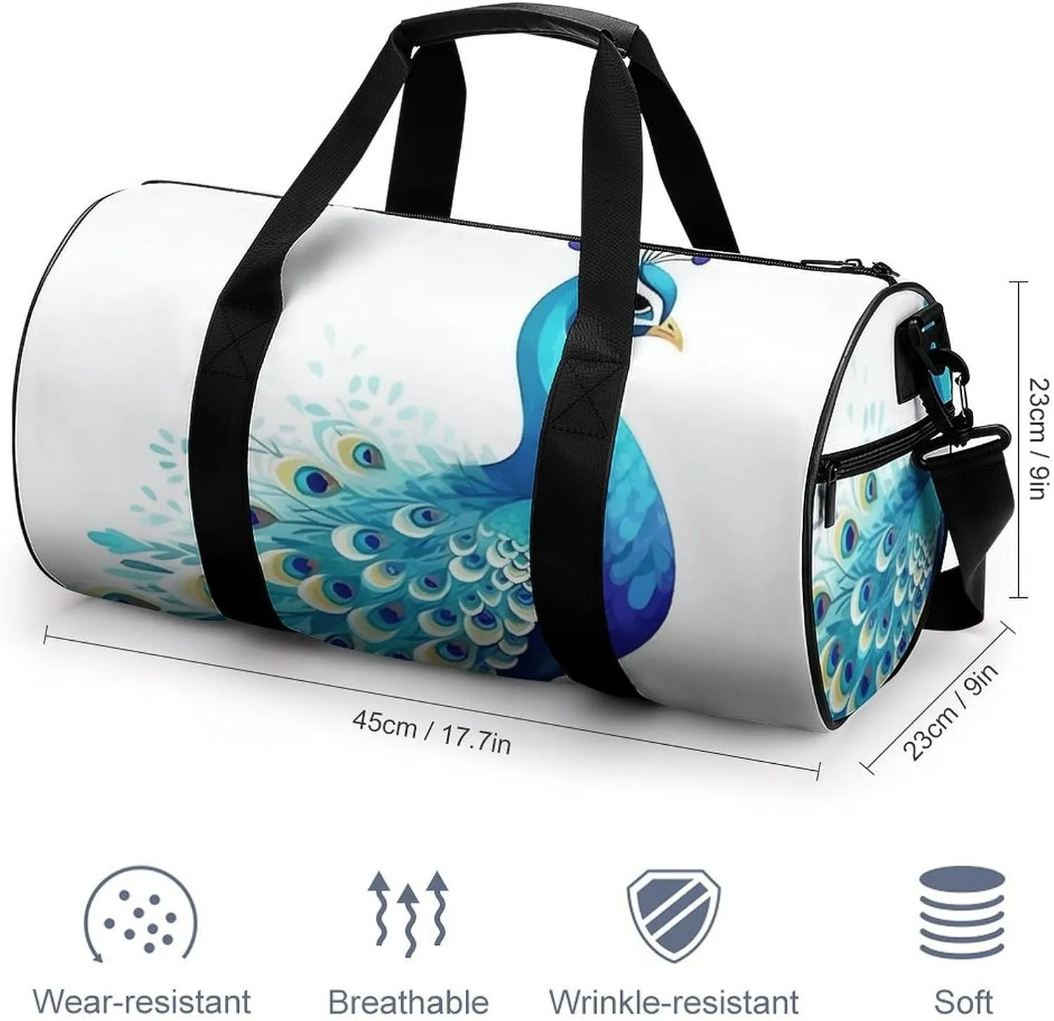 Gym Bag Cartoon Blue Peacock Duffel Bag for Men Women Overnight Bag with Shoe Compartment Workout Bags