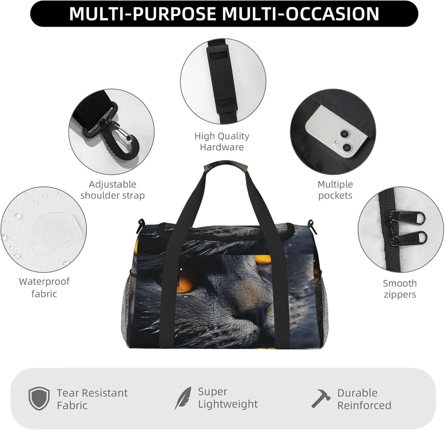 Gym Bag Cats with yellow eyes Duffel Bag for Men Women Travel Overnight Bag with Shoe Compartment Workout Bags