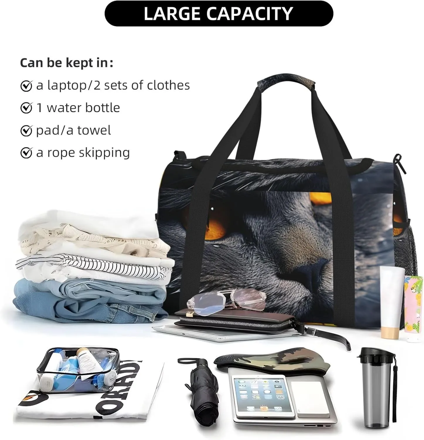 Gym Bag Cats with yellow eyes Duffel Bag for Men Women Travel Overnight Bag with Shoe Compartment Workout Bags