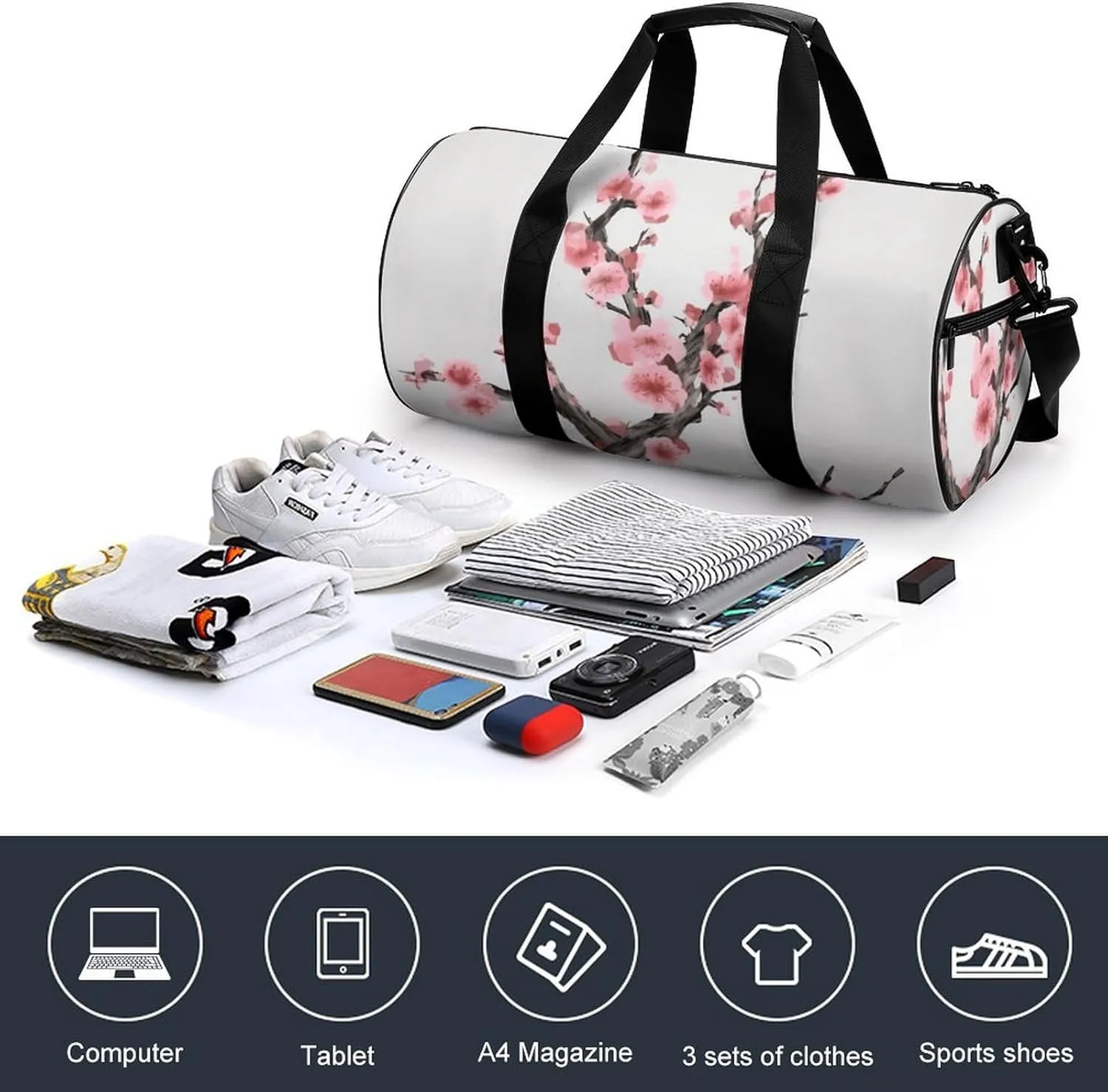 Gym Bag Cherry Blossom Tree Branch Duffel Bag for Men Women Overnight Bag with Shoe Compartment Workout Bags
