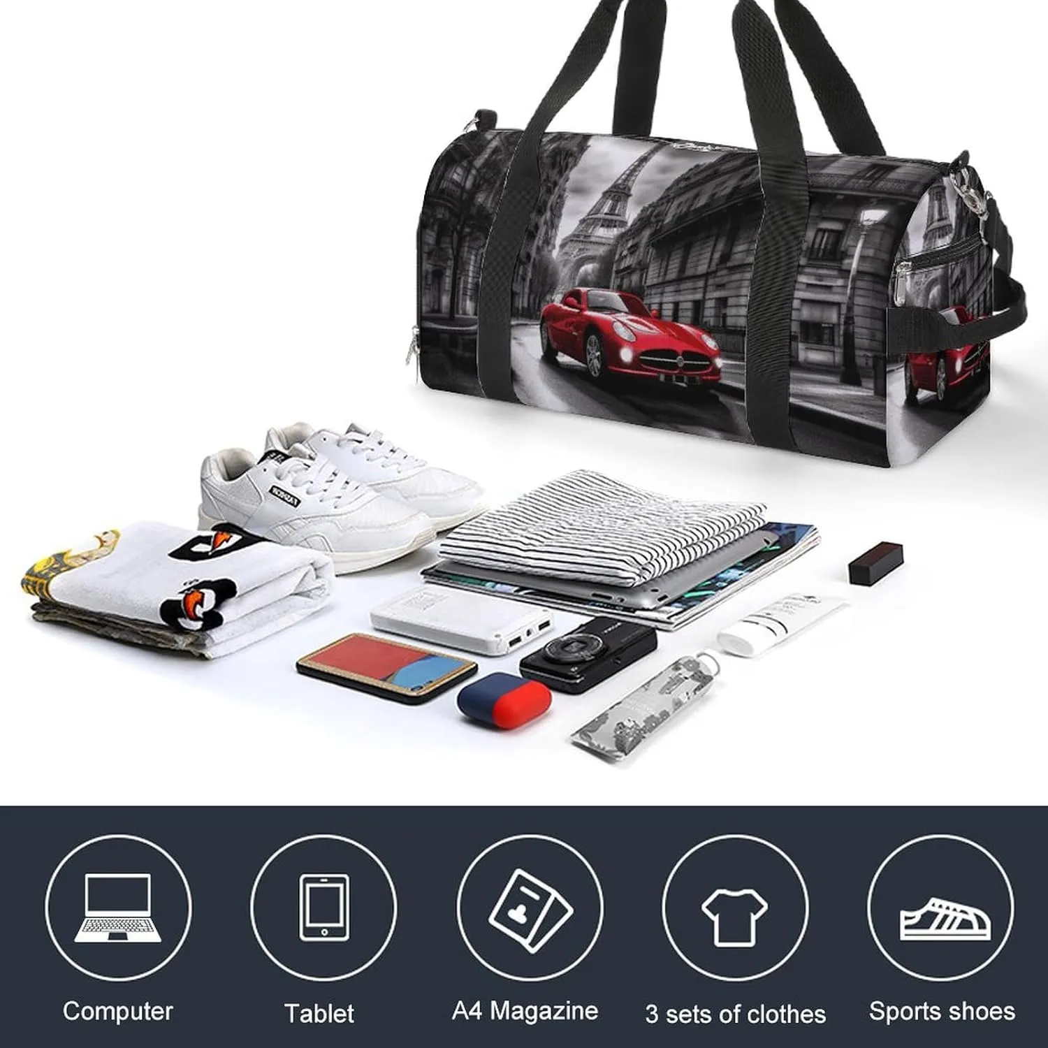 Gym Bag City Street Red Car Duffel Bag for Men Women Overnight Bag with Shoe Compartment Workout Bags