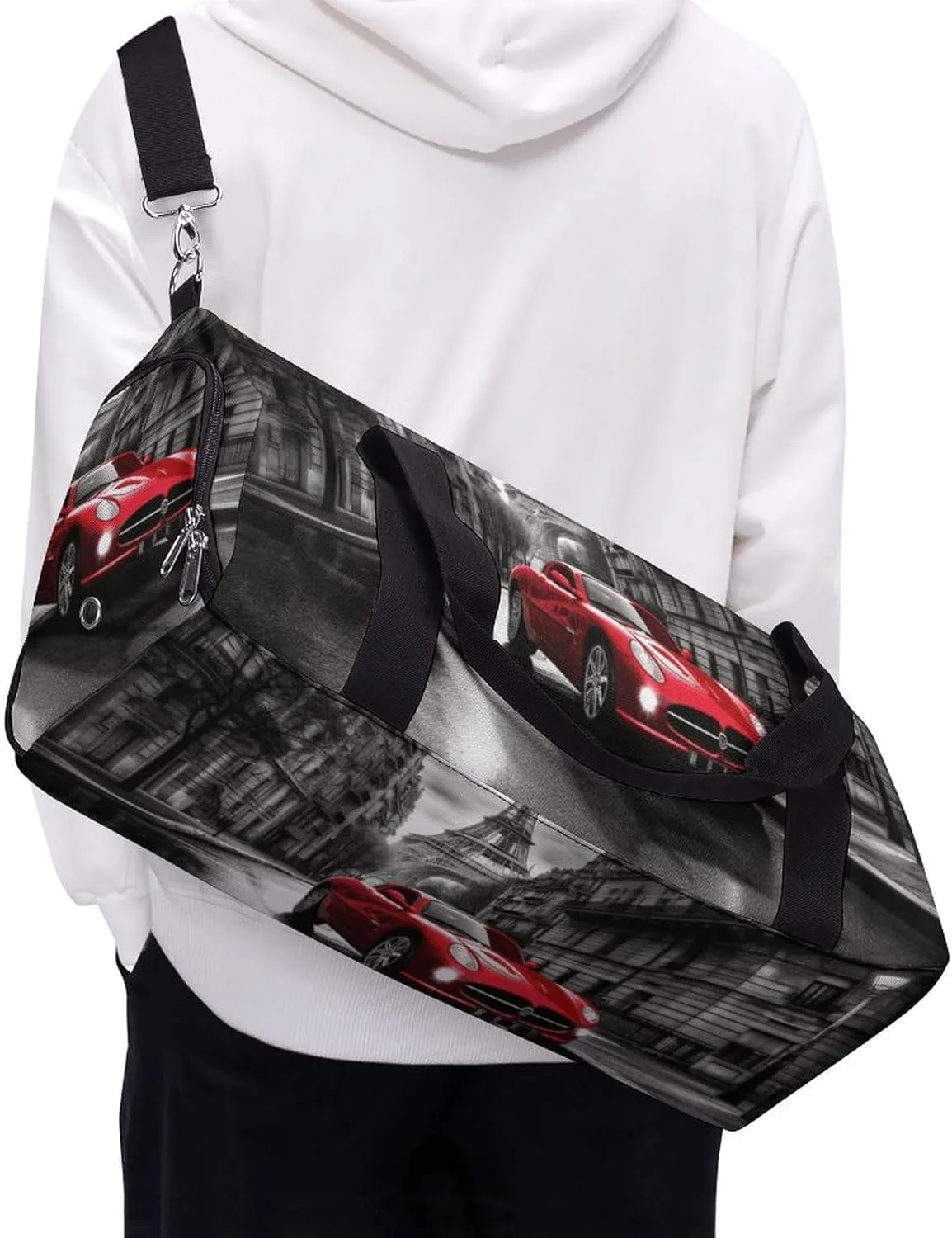 Gym Bag City Street Red Car Duffel Bag for Men Women Overnight Bag with Shoe Compartment Workout Bags