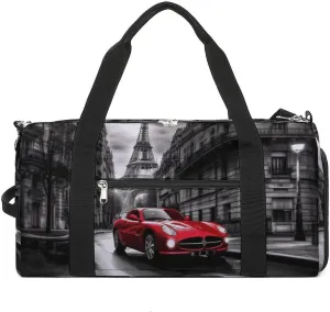 Gym Bag City Street Red Car Duffel Bag for Men Women Overnight Bag with Shoe Compartment Workout Bags