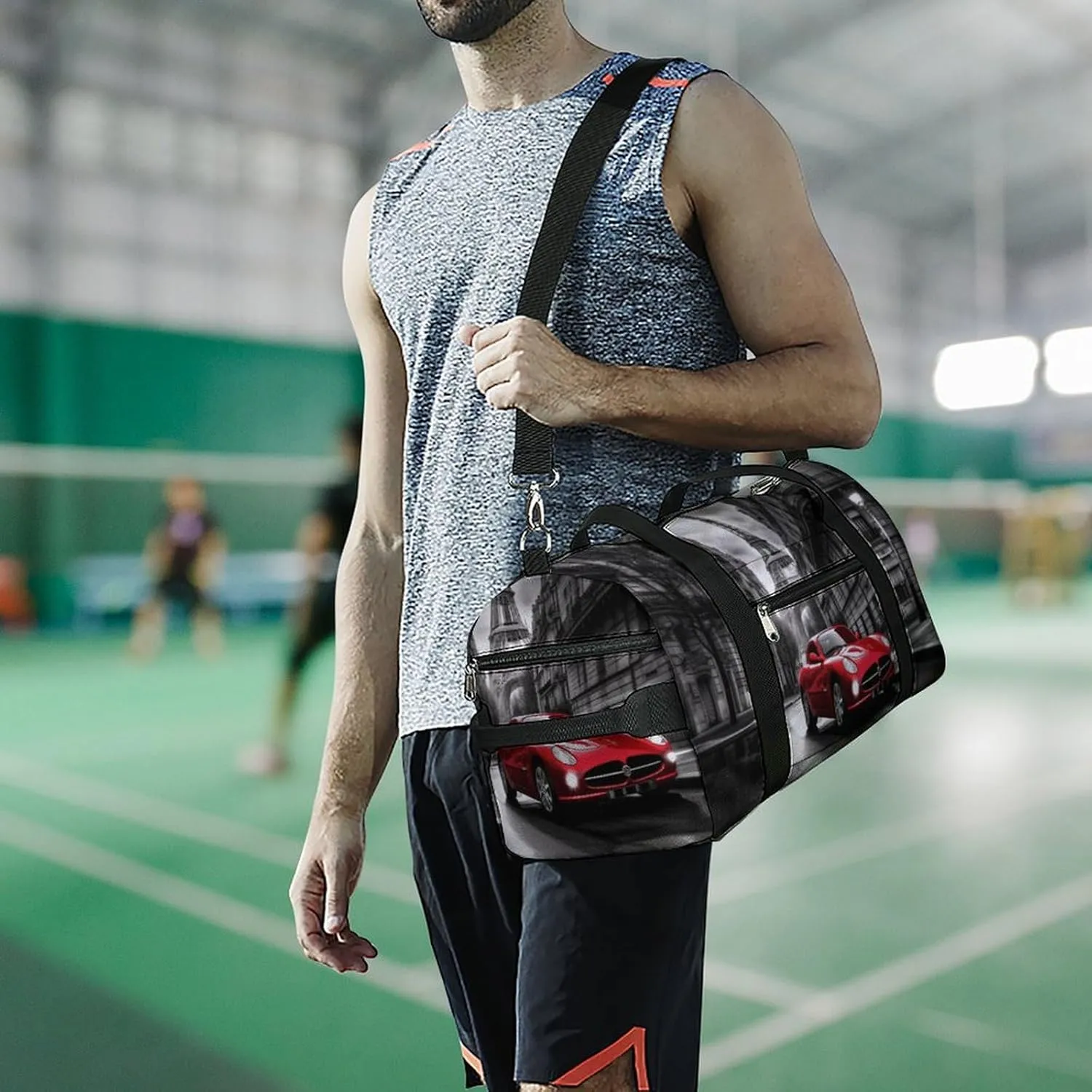 Gym Bag City Street Red Car Duffel Bag for Men Women Overnight Bag with Shoe Compartment Workout Bags