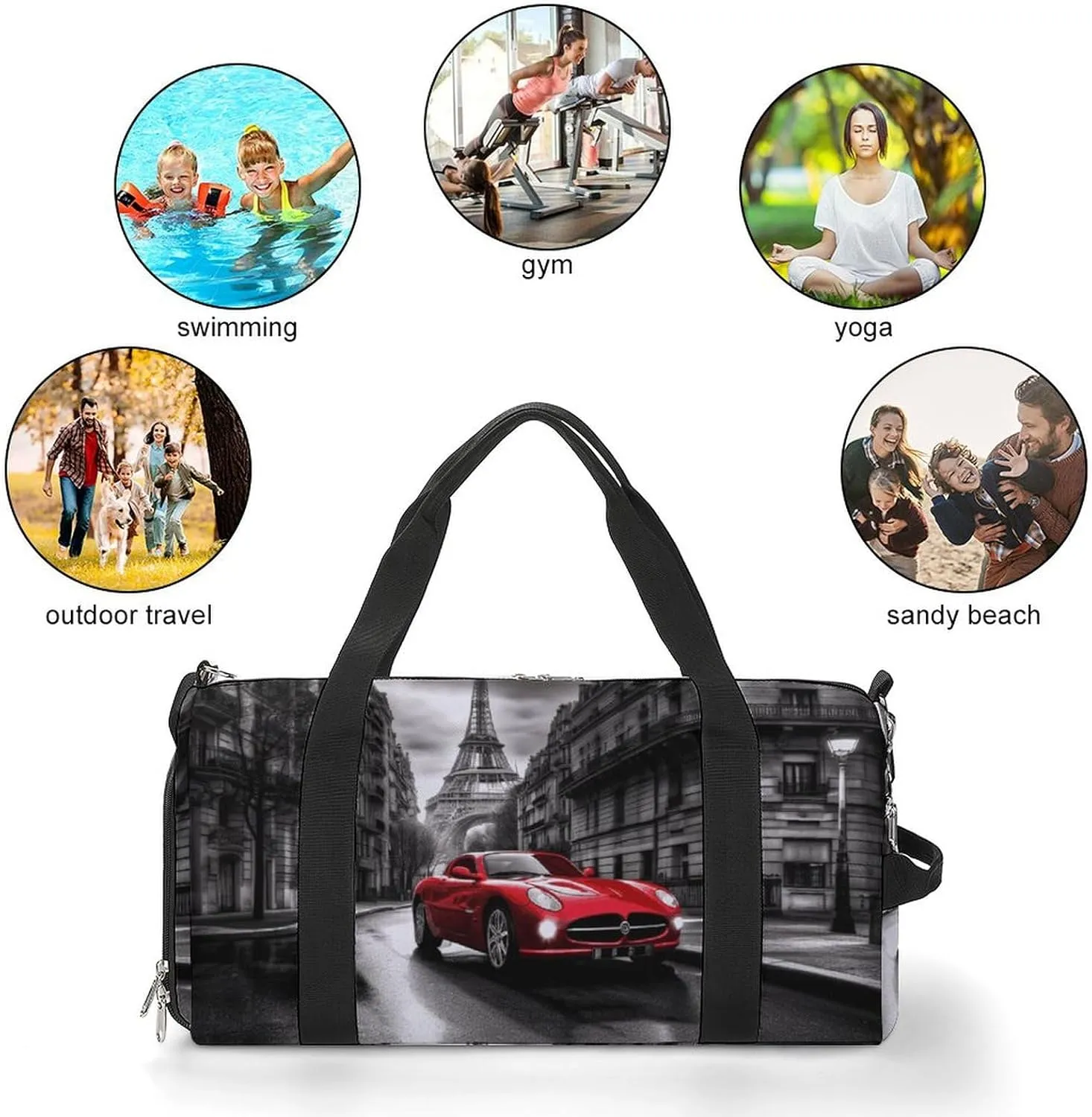 Gym Bag City Street Red Car Duffel Bag for Men Women Overnight Bag with Shoe Compartment Workout Bags