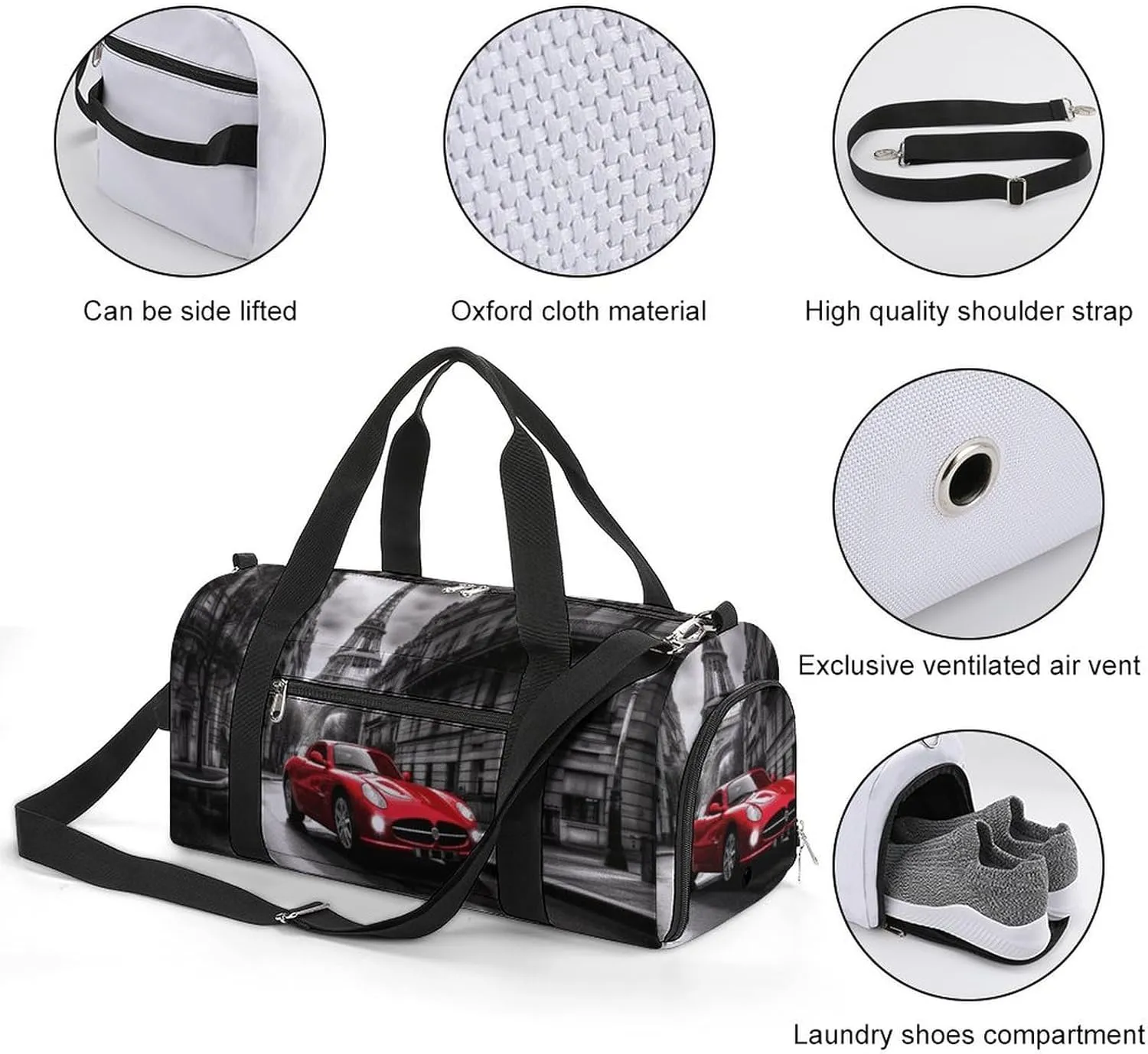 Gym Bag City Street Red Car Duffel Bag for Men Women Overnight Bag with Shoe Compartment Workout Bags
