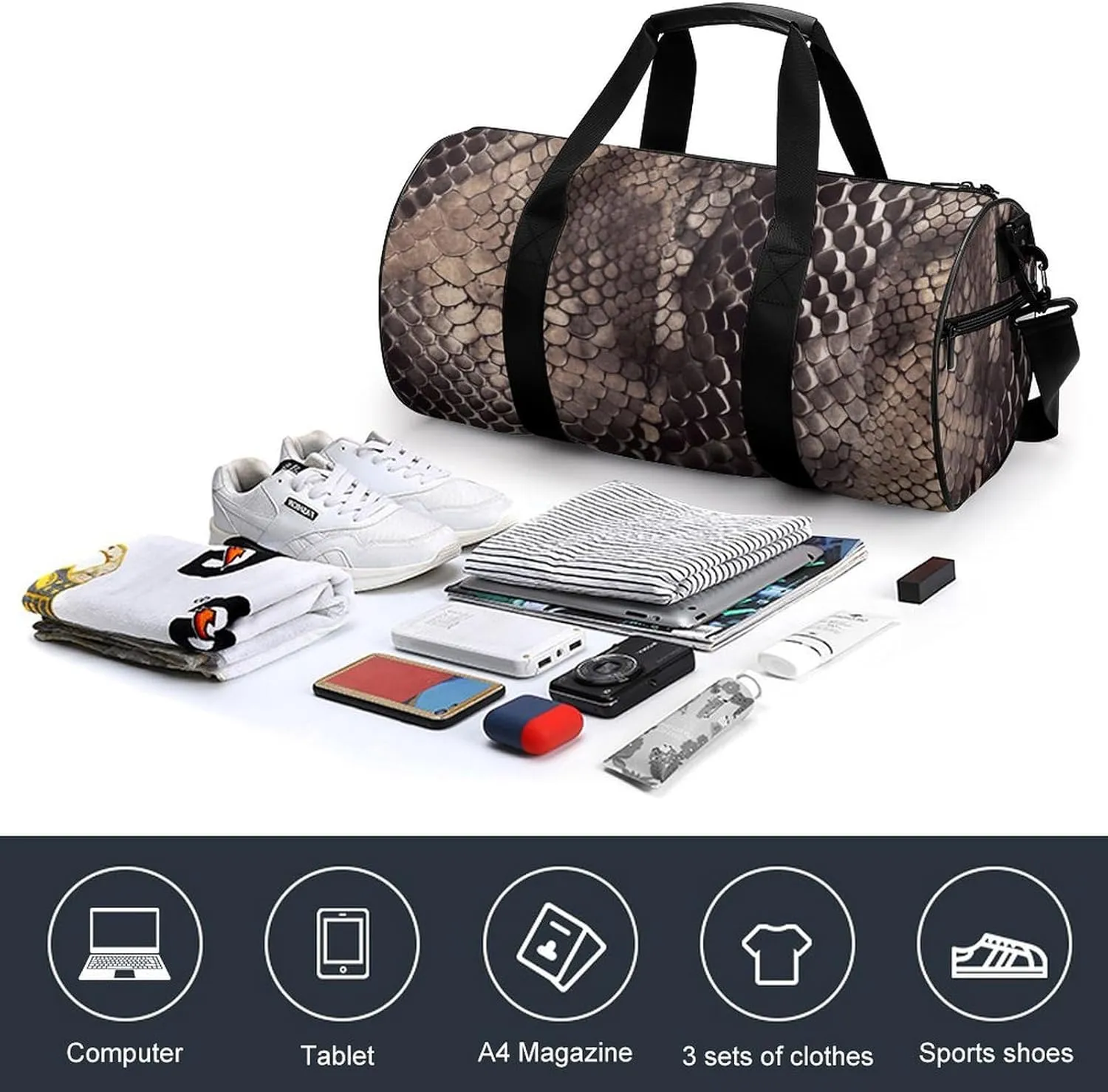 Gym Bag Classic Snake Skin Duffel Bag for Men Women Overnight Bag with Shoe Compartment Workout Bags