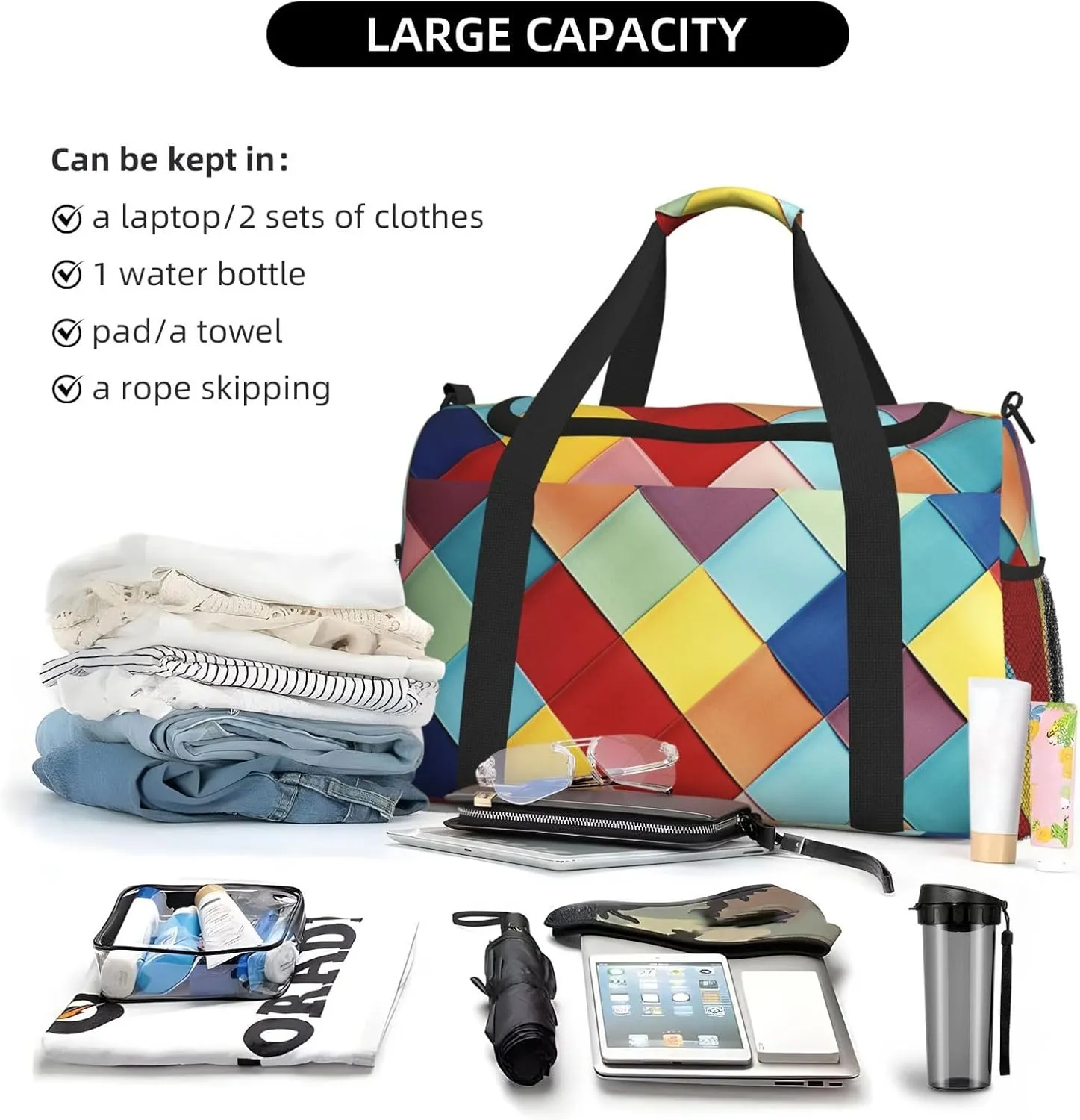 Gym Bag Colorful Plaid Duffel Bag for Men Women Travel Overnight Bag with Shoe Compartment Workout Bags