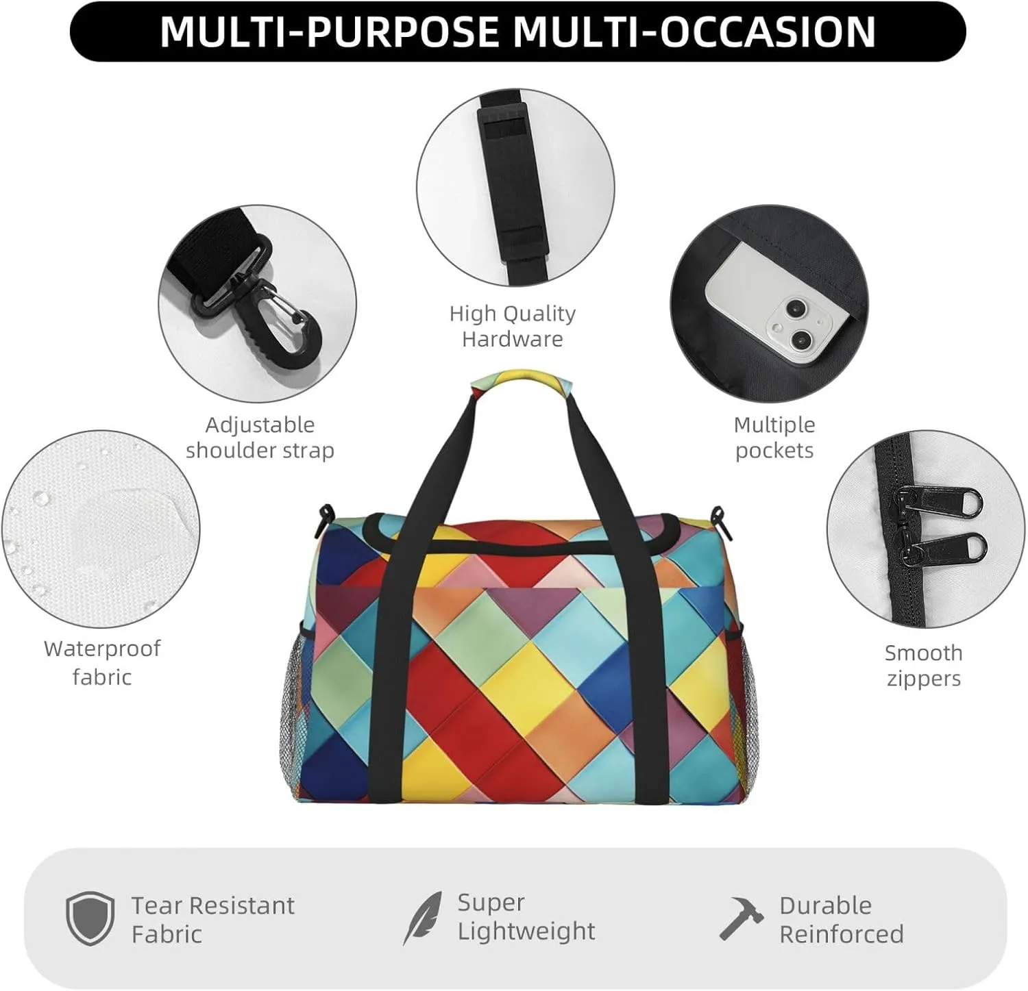 Gym Bag Colorful Plaid Duffel Bag for Men Women Travel Overnight Bag with Shoe Compartment Workout Bags