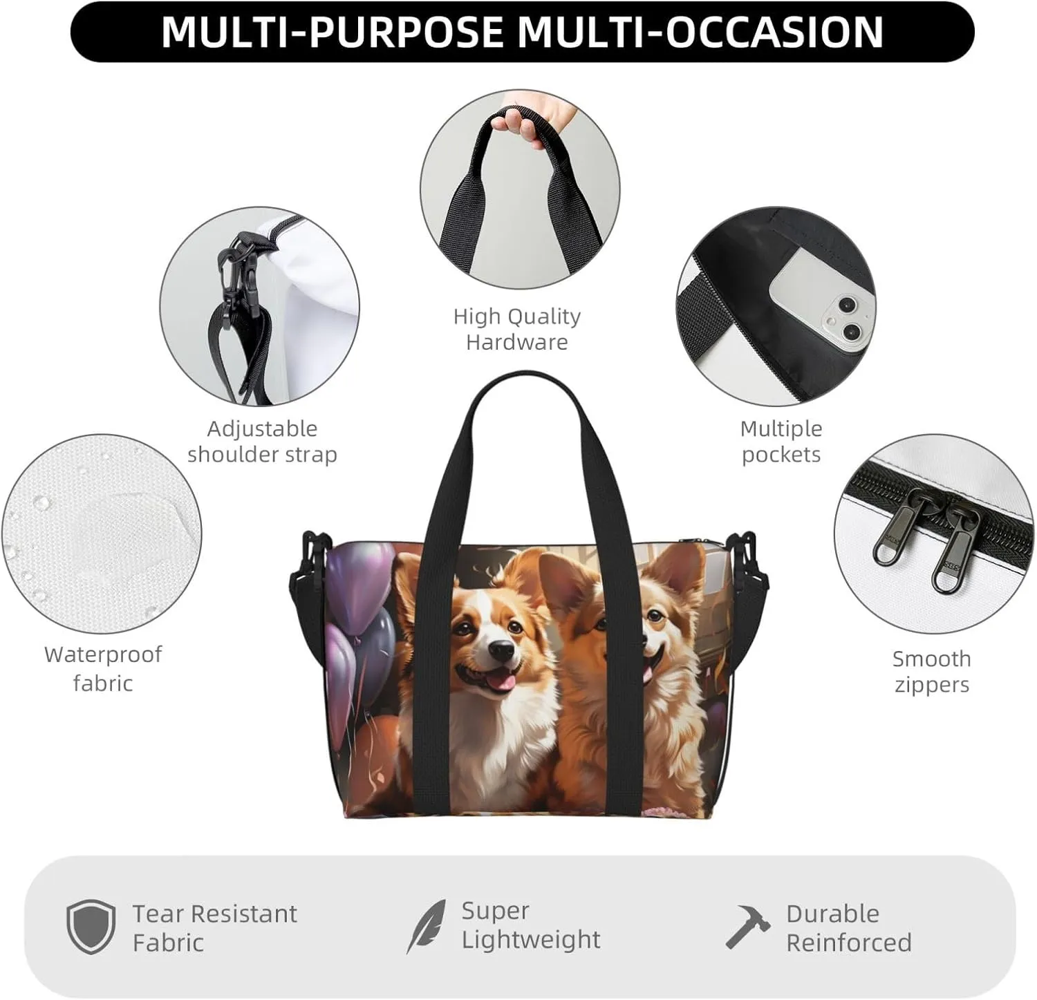 Gym Bag Corgi Dog with Balloon Duffel Bag for Men Women Travel Overnight Bag with Shoe Compartment Workout Bags