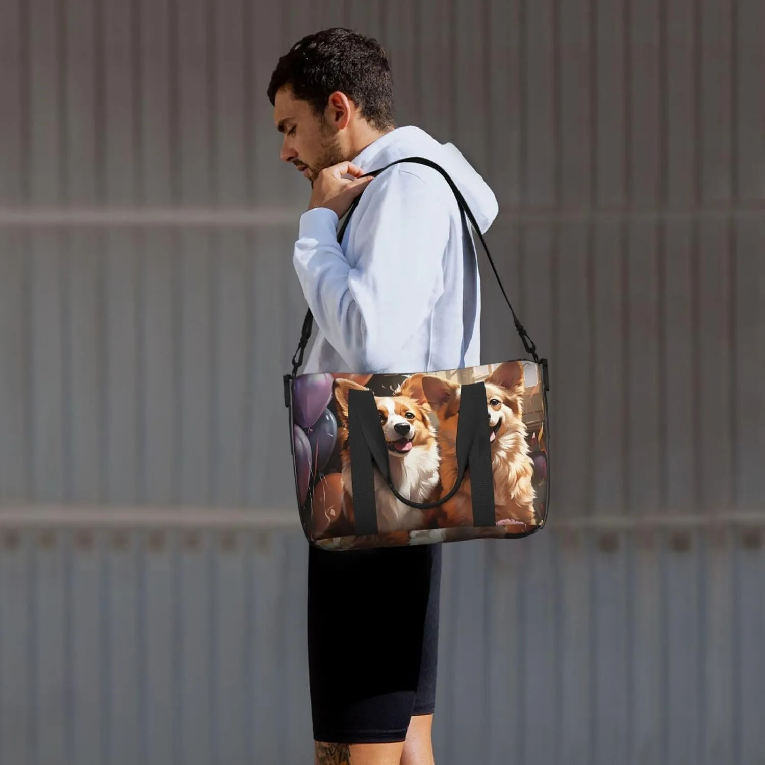 Gym Bag Corgi Dog with Balloon Duffel Bag for Men Women Travel Overnight Bag with Shoe Compartment Workout Bags