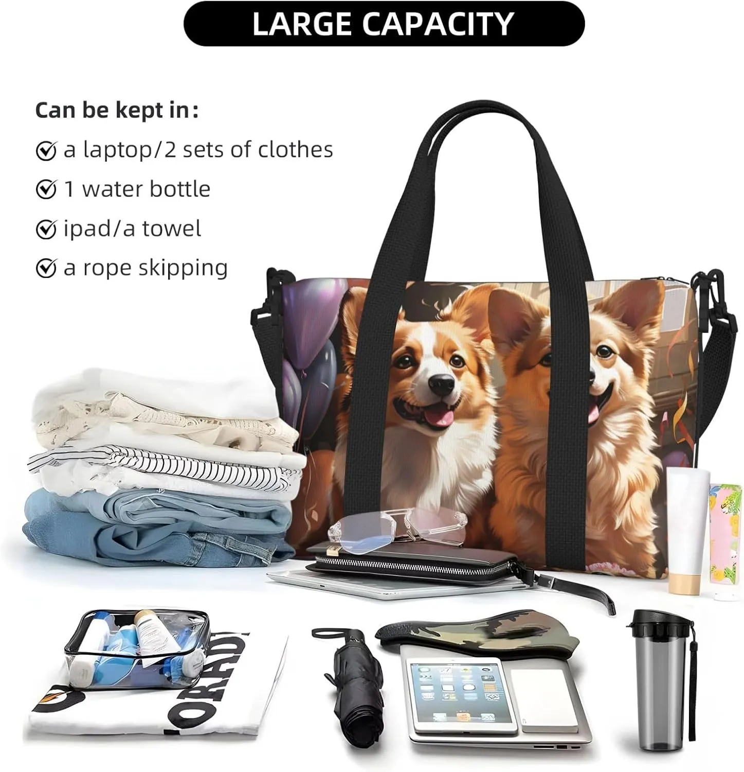 Gym Bag Corgi Dog with Balloon Duffel Bag for Men Women Travel Overnight Bag with Shoe Compartment Workout Bags