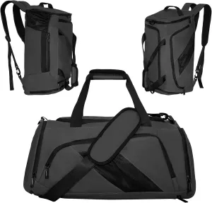 Gym Bag for Men & Women,Carry On with Shoes Compartment and Wet Pocket Convertible Duffle Bag and Gym Backpack,Multipurpose Weekender Overnight Waterproof Sports Bags (Gray)