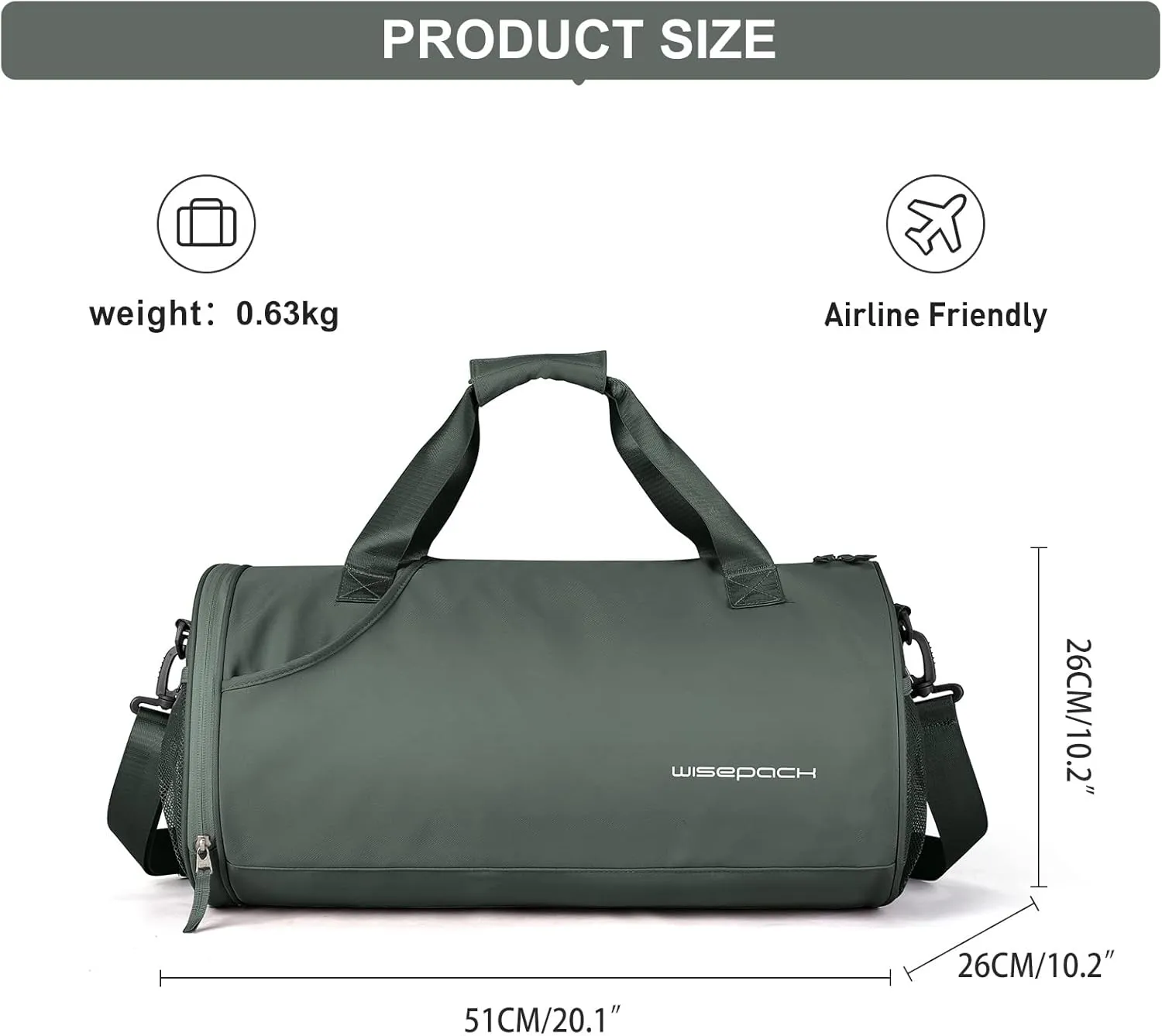 Gym Bag for Women & Men with Wet & Shoe Compartment, Small Duffle Bag for Travel, Sport, Gym, Workout, Overnight, Weekender, Carry-on - Dark Green