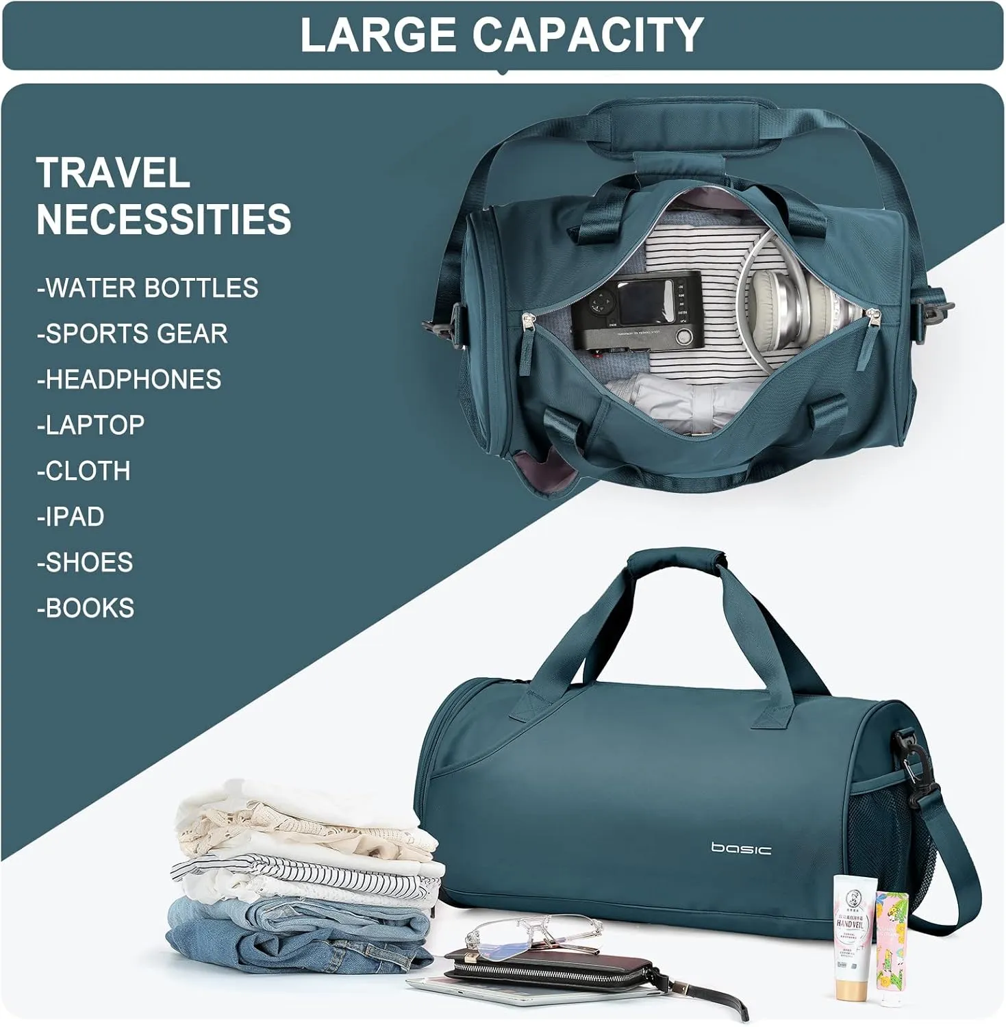 Gym Bag for Women and Men With Wet & Shoe Compartment - Small Duffle for Travel, Sport, Workout, Overnight Weekender - Carry-on Tote - Peacock Blue